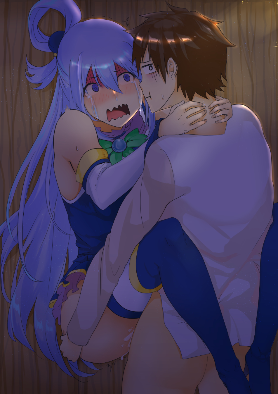1boy, 1girls, against wall, aqua (konosuba), aqua eyes, aqua hair, asdf124, beige skin, blush, boots, brown hair, clothed sex, crying, cum, cum inside, drunk, female, goddess, heel boots, high heel boots, kono subarashii sekai ni shukufuku wo!, long hair, looking away, male, open mouth, regret, satou kazuma, sex, shocked, short hair, standing sex, straight, tan skin, tears, thigh boots, thighhigh boots, upright straddle