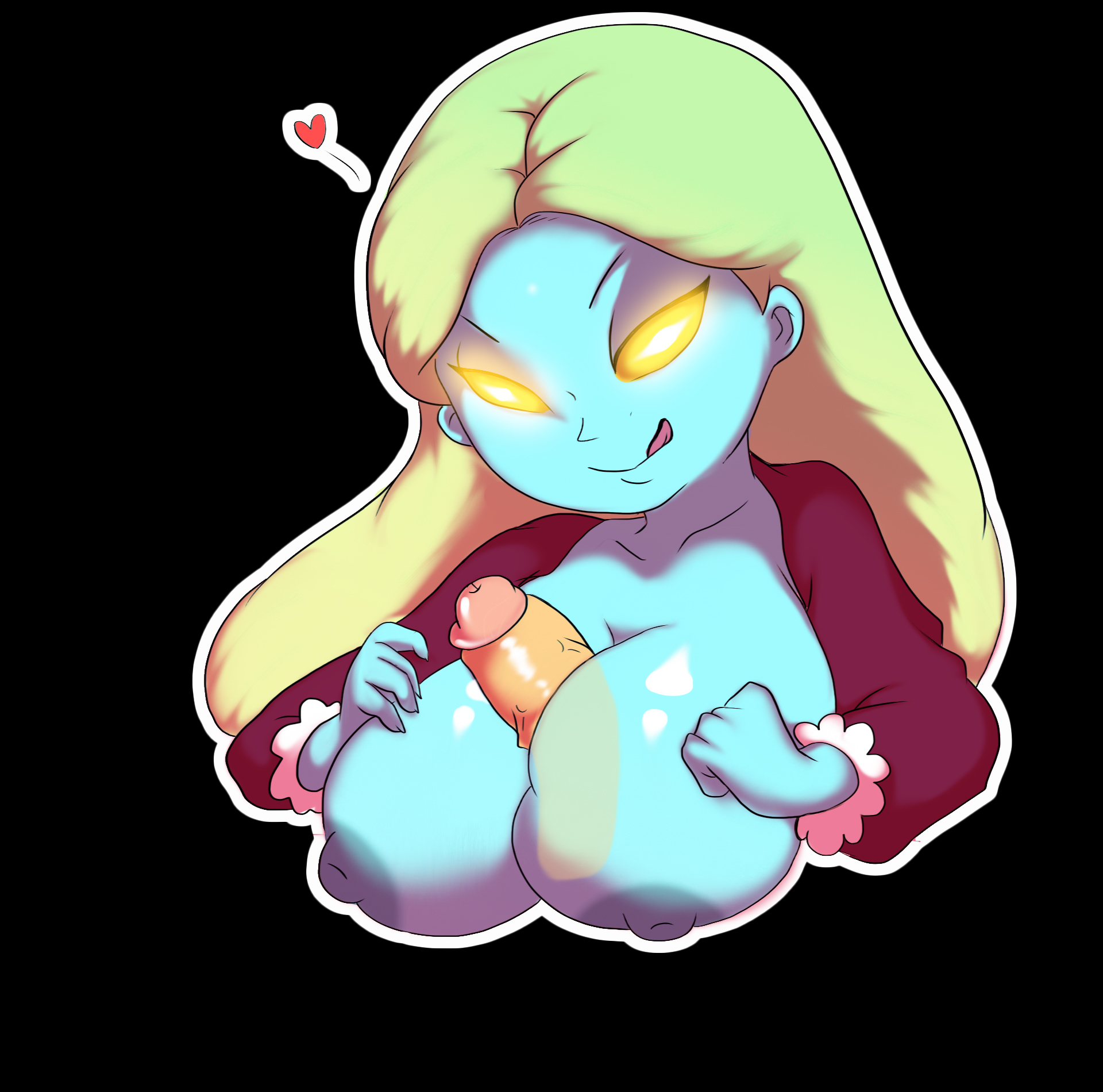 1girls, alternate breast size, bedroom eyes, big breasts, blue body, blue skin, breasts, breasts out, breasts out of clothes, disembodied penis, female, ghost, glowing eyes, half-closed eyes, heart, huge breasts, large breasts, long hair, long sleeves, looking at viewer, luigi's mansion, male, mario (series), melody pianissima, nintendo, nipples, oddrich, paizuri, penis, penis between breasts, platinum blonde hair, solo, straight, tongue, tongue out, topless, upper body, yellow eyes