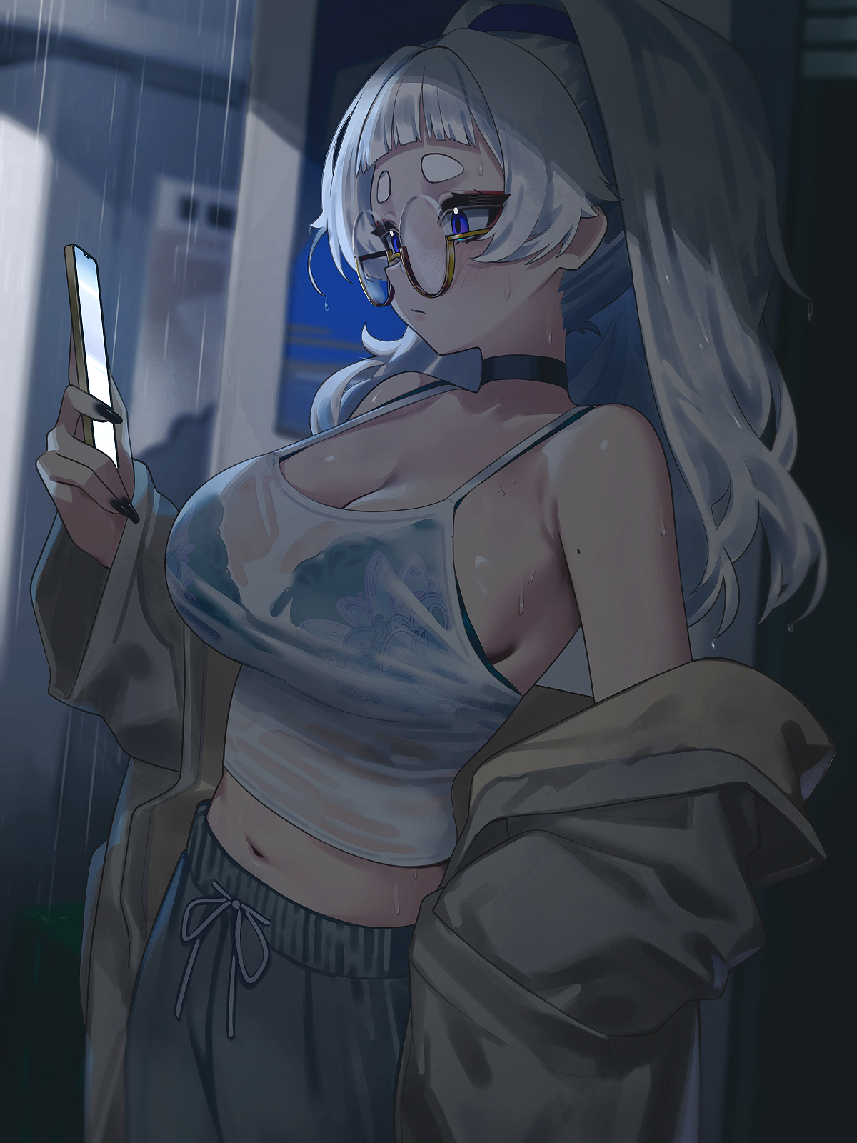 1girls, bare shoulders, black bra, black choker, black nails, blue eyes, blunt bangs, bra, bra visible through clothes, breasts, camisole, choker, cleavage, commentary, female, fingernails, grey pajamas, highres, holding, holding phone, large breasts, looking at phone, meg (wakamepiza), mole, mole on arm, nail polish, navel, off shoulder, original, pajamas, phone, rain, round eyewear, shirt, short bangs, short eyebrows, solo, spaghetti strap, symbol-only commentary, taking shelter, thick eyebrows, thick eyelashes, underwear, wakamepiza, water drop, wet, wet clothes, wet hair, wet shirt, white camisole, white hair, yellow-framed eyewear