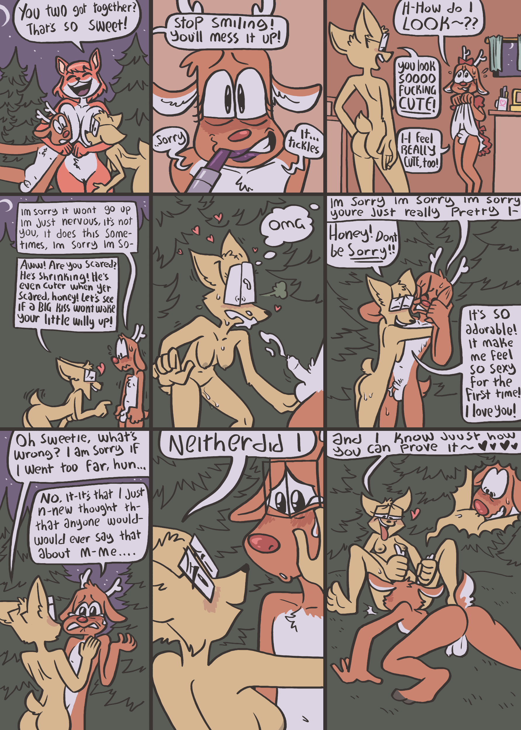 absurd res, anthro, antler grab, antlers, ass, backsack, balls, ballsack, big breasts, bodily fluids, breast size difference, breast squish, breasts, canid, canine, clothed, clothing, crossdressing, cum, cumshot, deer, dialogue, dominant, dominant female, duo, ejaculation, embarrassed, english text, erectile dysfunction, eyewear, eyewear only, female, foreskin, fox, genital fluids, genitals, glasses, glasses only, group, hands-free, heart symbol, hi res, horn, hug, humanoid genitalia, humanoid penis, hybrid, lipstick, love, makeup, male, male/female, mammal, micropenis, nervous, new world deer, night, nipples, nude, oral, outside, penis, plant, prancer (weaver86), premature ejaculation, pussy, reindeer, romantic, romantic couple, samrockwell420, small penis, small penis adoration, small penis appreciation, speech bubble, squish, submissive, submissive male, tears, text, tight foreskin, tree, trio, uncensored, uncircumcised, unretracted foreskin, vulva, wearing glasses, wholesome