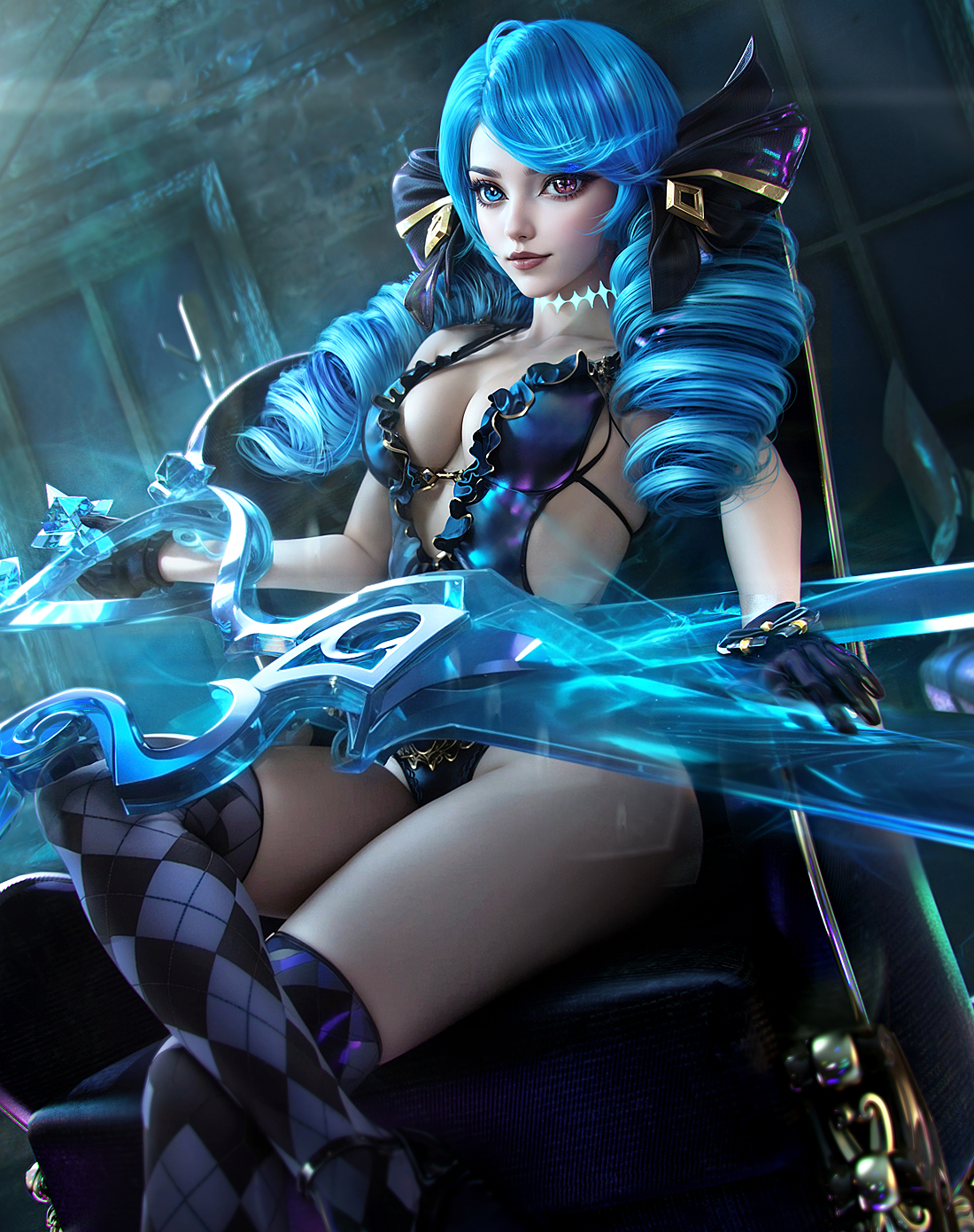 1girls, 3d, black gloves, black stockings, blue eyes, blue hair, female, female focus, female only, frilled swimsuit, gloves, gwen (league of legends), hair ornament, heterochromia, holding weapon, indoors, kneehighs, league of legends, light skin, light-skinned female, long hair, looking at viewer, markings, neckwear, one-piece swimsuit, pink eyes, pinup, sevenbees, sitting, sitting on chair, solo, solo female, stockings, swimsuit, twin drills