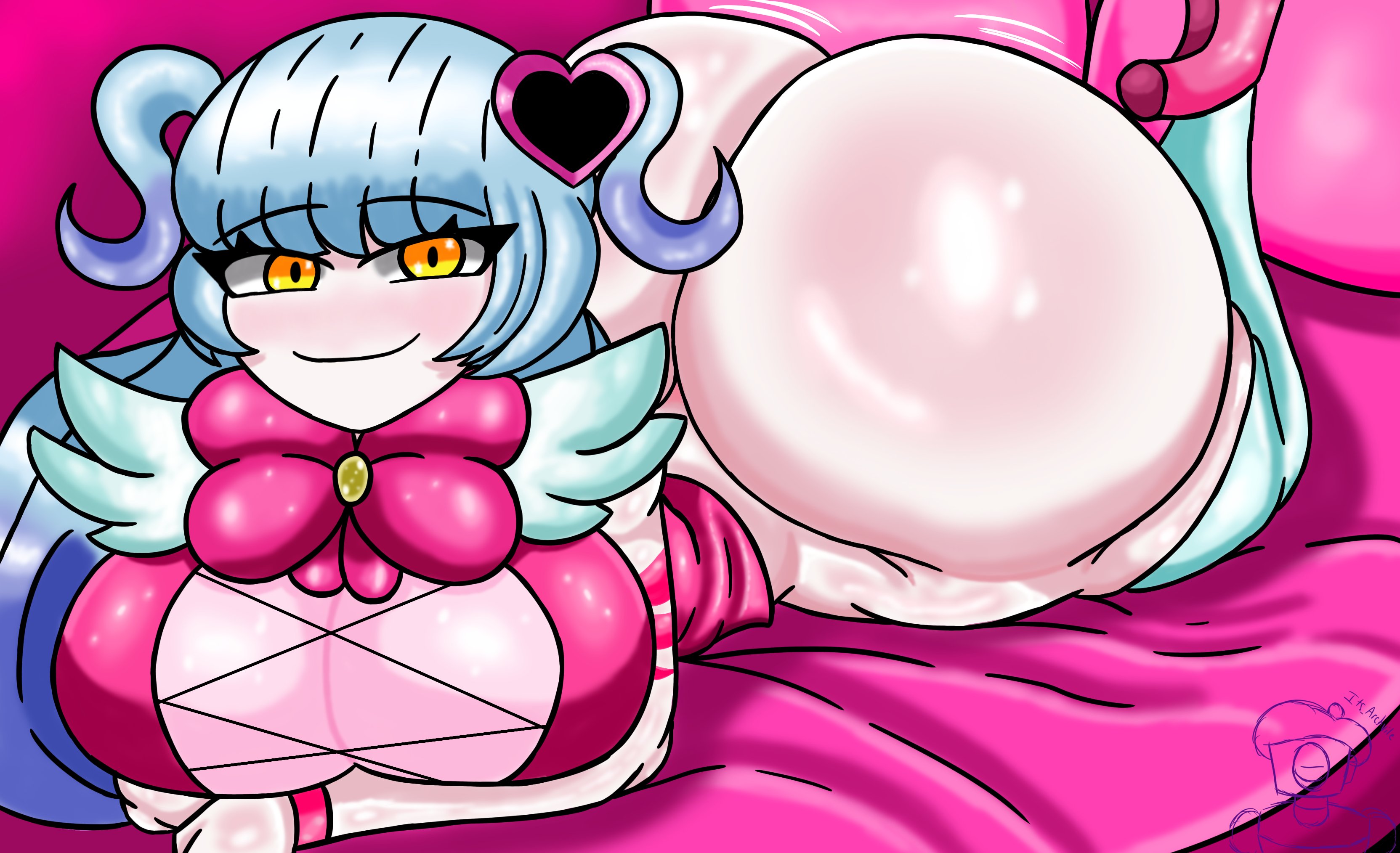 1girls, absurd res, absurdres, ass, ass bigger than head, ass focus, bed, big ass, big bow, big breasts, big butt, bottom, bottom heavy, bottomless, bow, breasts, bubble ass, bubble butt, butt, clothed, clothed female, clothing, cyan hair, female, female focus, female only, heart hair ornament, heels, high heels, high resolution, highres, huge ass, huge breasts, huge butt, its archville, lobotomy corporation, magical girl, massive ass, no panties, pale skin, pigtails, pink background, pink bow, project moon, queen of hatred, shaking ass, shaking butt, smile, smiling, smiling at viewer, smug, solo, solo female, thick thighs, thighhighs, thighs, watermark, wobbling ass, yellow eyes