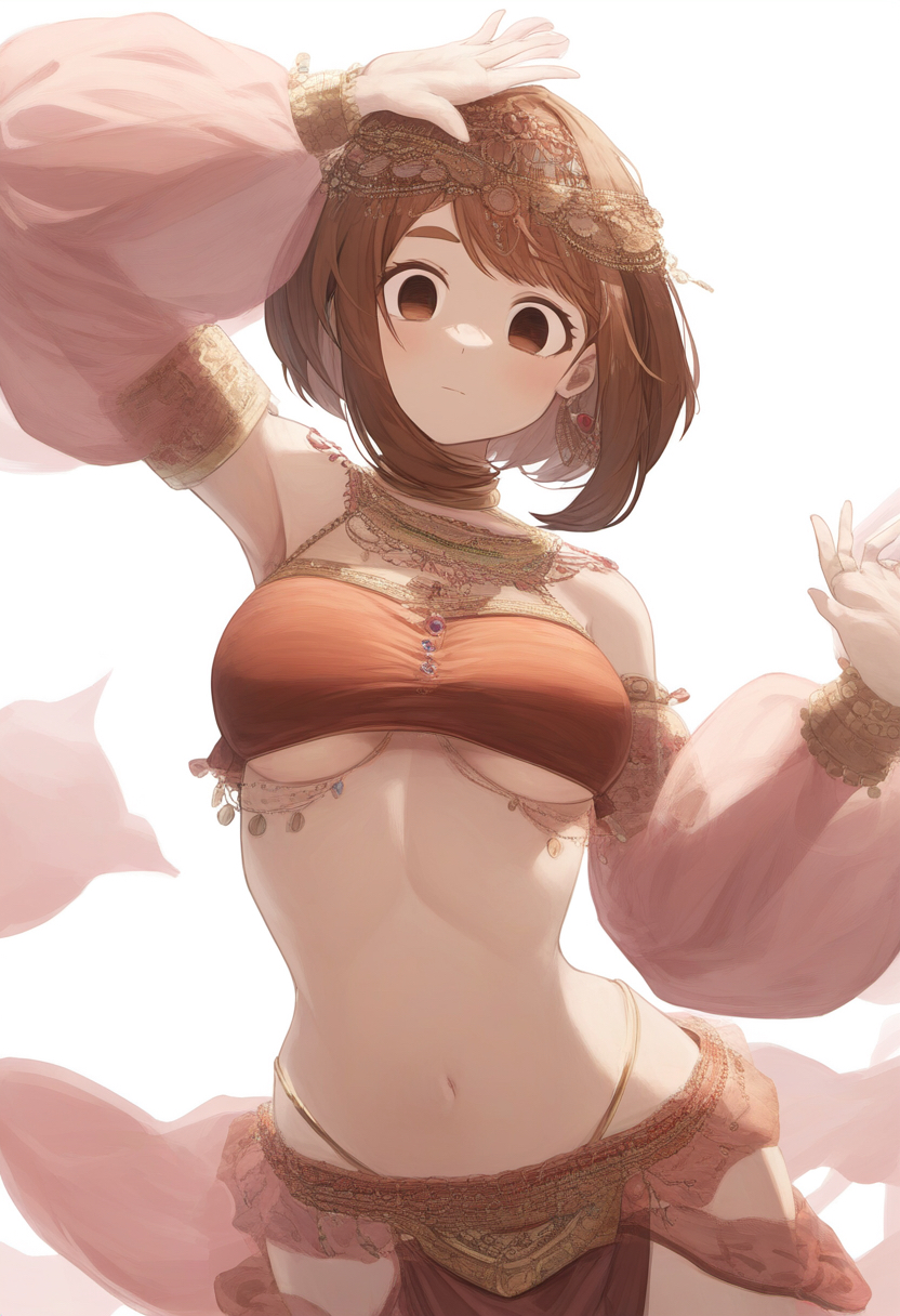 1girls, ai generated, artist request, belly dancer, belly dancer outfit, breasts, brown eyes, brown hair, brown-haired female, dancer, dancing, empty eyes, expressionless, female, female only, femsub, harem girl, harem outfit, hypnosis, midriff, mind control, my hero academia, ochako uraraka, short hair, solo, underboob