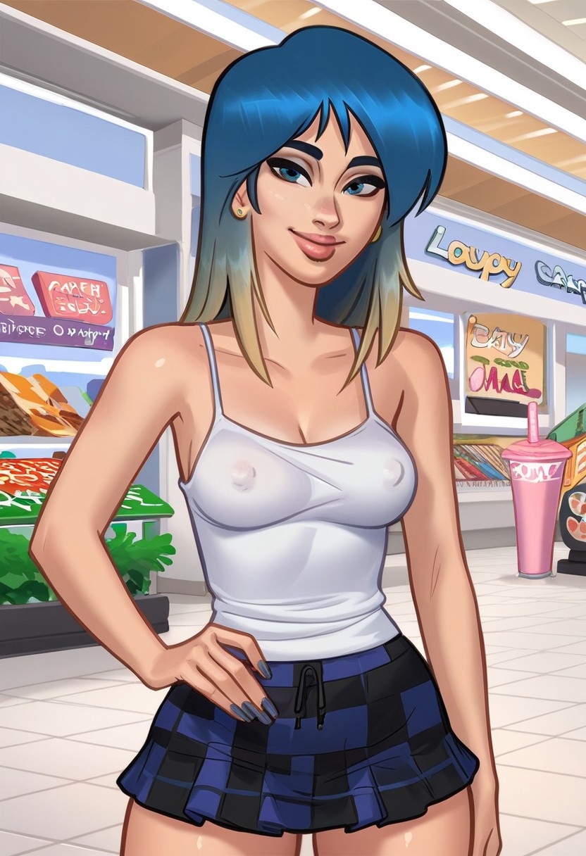 1girls 2d 2d_(artwork) ai_generated bench blue_hair breasts civitai cleavage digital_drawing_(artwork) earrings eve_(summertime_saga) female female_focus female_only kiwimike light-skinned_female light_skin looking_at_viewer medium_breasts nipples nipples_visible_through_clothing outdoors outside see-through see-through_clothing see-through_top skirt standing summertime_saga tank_top tease teasing teenage_girl teenager underwear