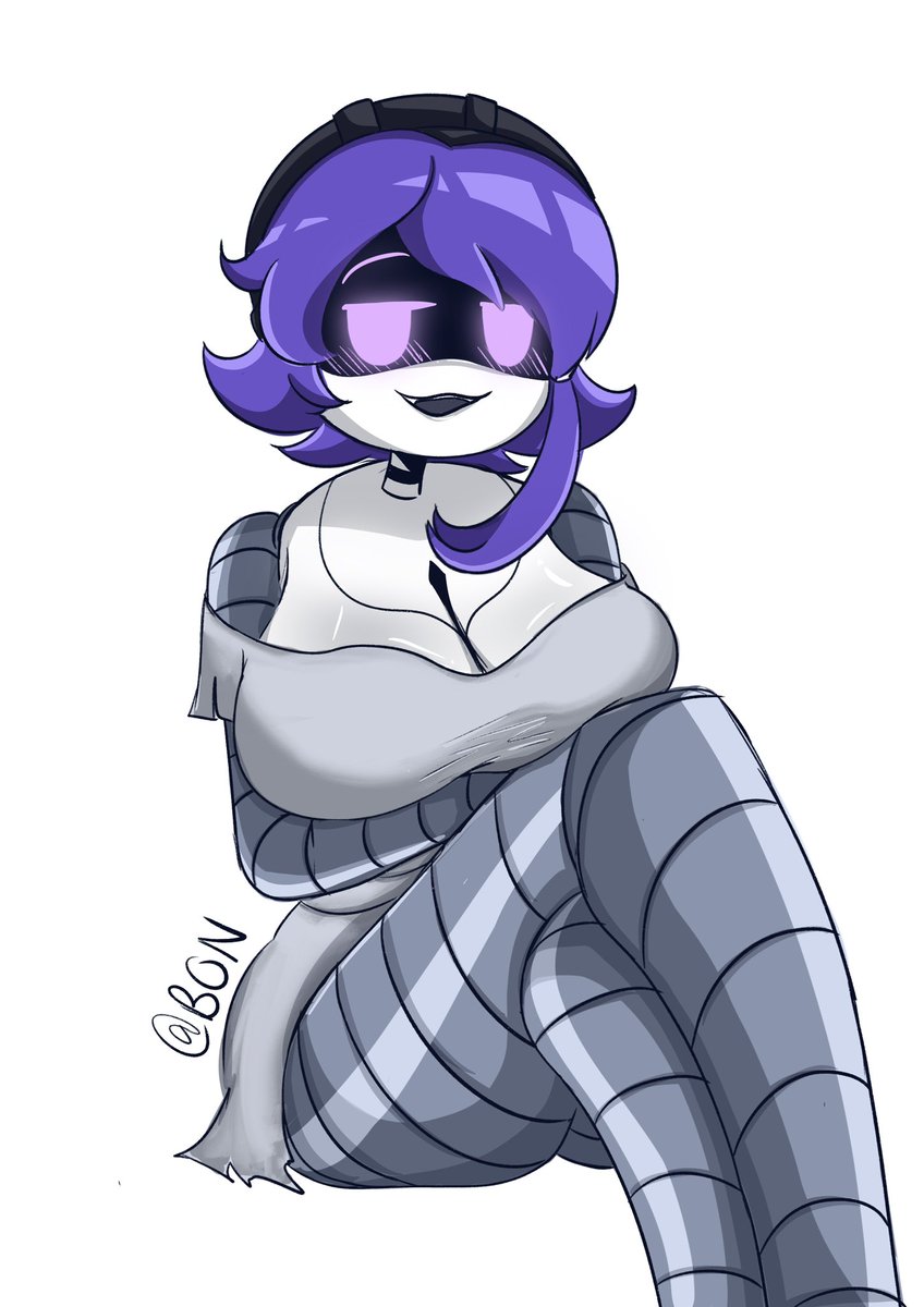 big breasts, blush, breasts, female, female only, glitch productions, jpeg, looking at viewer, milf, murder drones, nori (murder drones), purple eyes, purple hair, robot, robot girl, robot milf, short hair, smiling, tagme, thick thighs, white background