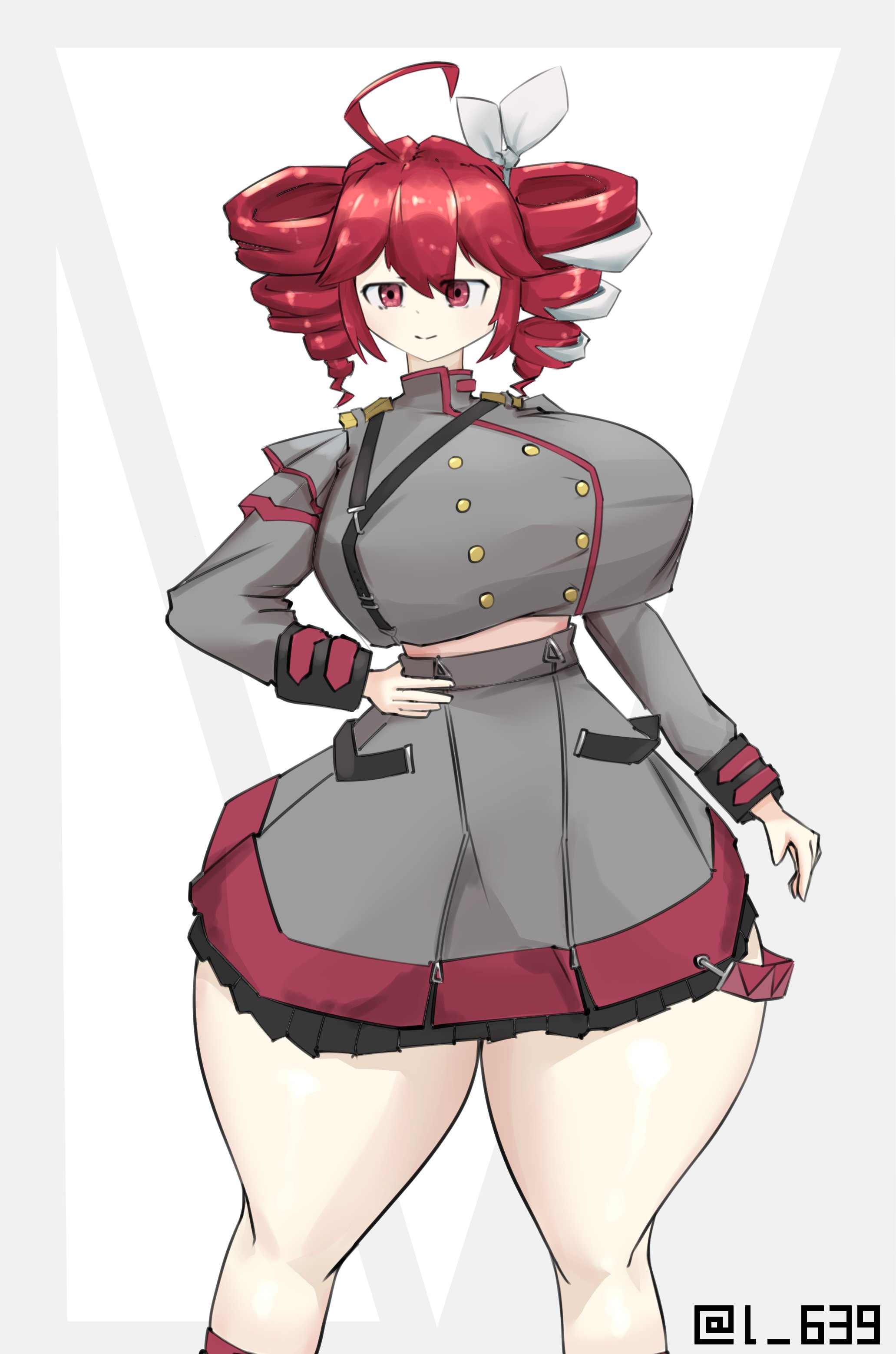 1girls, 2d, 2d (artwork), ahoge, big breasts, big thighs, breast curtains, breasts, crop top, cropped jacket, curvaceous, curvy, curvy female, curvy figure, exposed belly, female, female only, hair ornament, hairbow, hand on hip, hourglass figure, huge breasts, huge thighs, hyper ass, hyper breasts, ineffective clothing, kasane teto, kasane teto (sv), l 639, large breasts, large thighs, miniskirt, red eyes, red hair, simple background, skirt, slim waist, solo, solo female, synthesizer v, thick thighs, thighs, twin drills, utau, voluptuous, voluptuous female, white background, wide hips