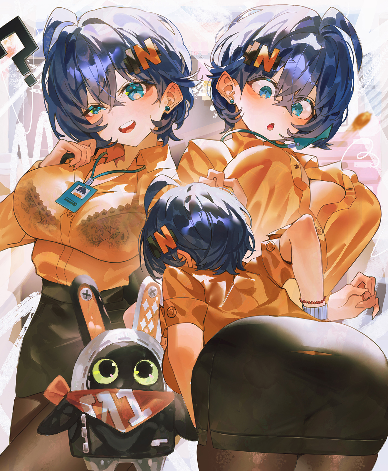 ?, 1girls, alternate costume, ass, bangboo (zenless zone zero), belle (zenless zone zero), black pantyhose, black skirt, blue hair, breasts, collared shirt, eous (zenless zone zero), female, green eyes, hair ornament, highres, id card, inconvenient breasts, indol, lanyard, large breasts, letter hair ornament, long sleeves, multiple views, open mouth, orange shirt, pantyhose, pencil skirt, popped button, see-through clothes, see-through shirt, shirt, short hair, skirt, zenless zone zero