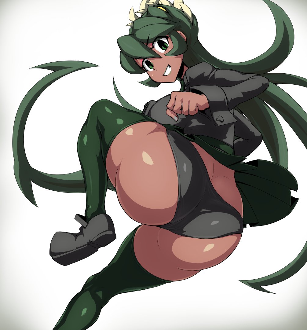 1girls, ass, ass focus, big ass, big breasts, breasts, dark-skinned female, female, female only, fukua (skullgirls), jadf, panties, skirt, skullgirls, solo, thick thighs, underwear
