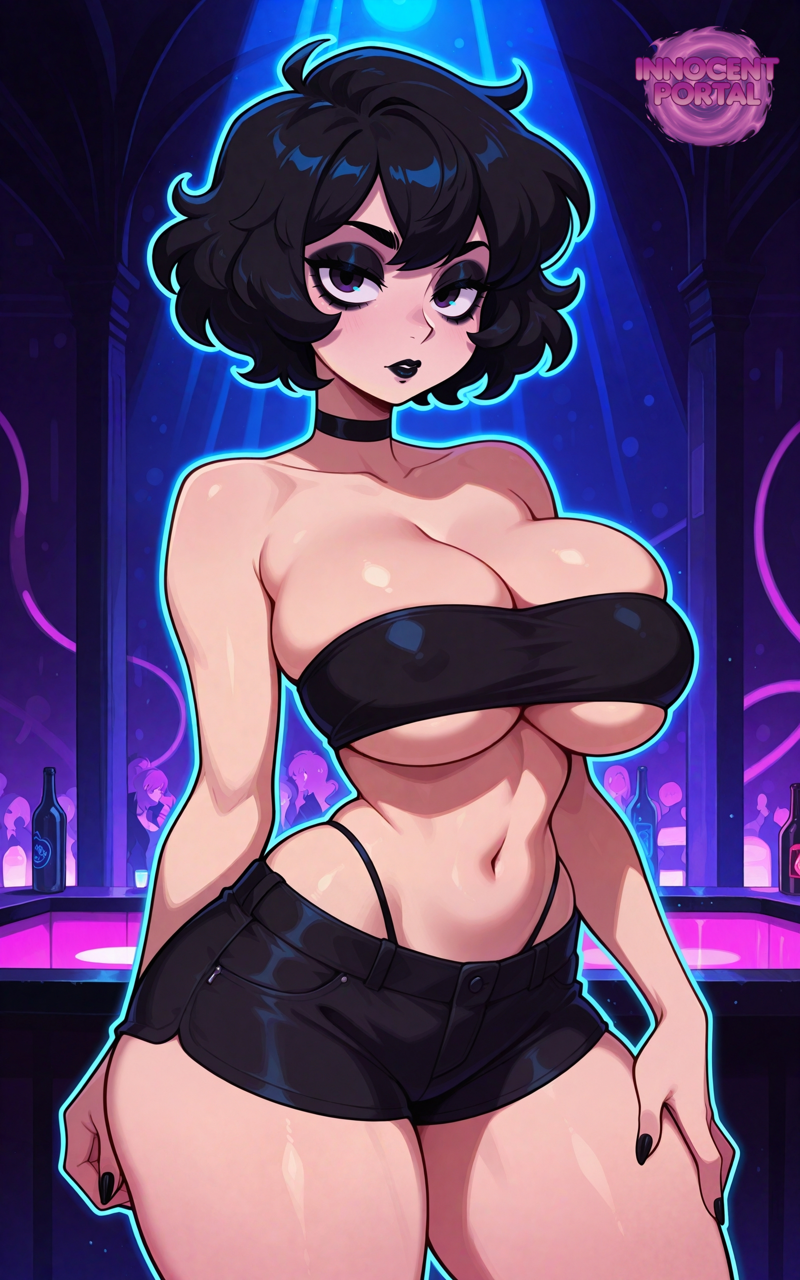 ai generated, black choker, black clothes, black clothing, black eyes, black hair, black lips, black lipstick, black nail polish, black nails, black shorts, black tube top, breasts, child bearing hips, choker, cleavage, female, goth, goth girl, goth makeup, gothic, gothic girl, hips, jorgecarlosai, lipstick, makeup, navel, nightclub, sexy, short hair, shorts, thick, thick ass, thick hips, thick legs, thick thighs, thong, toned, tube top, tubetop, underboob, watermark, wide hips