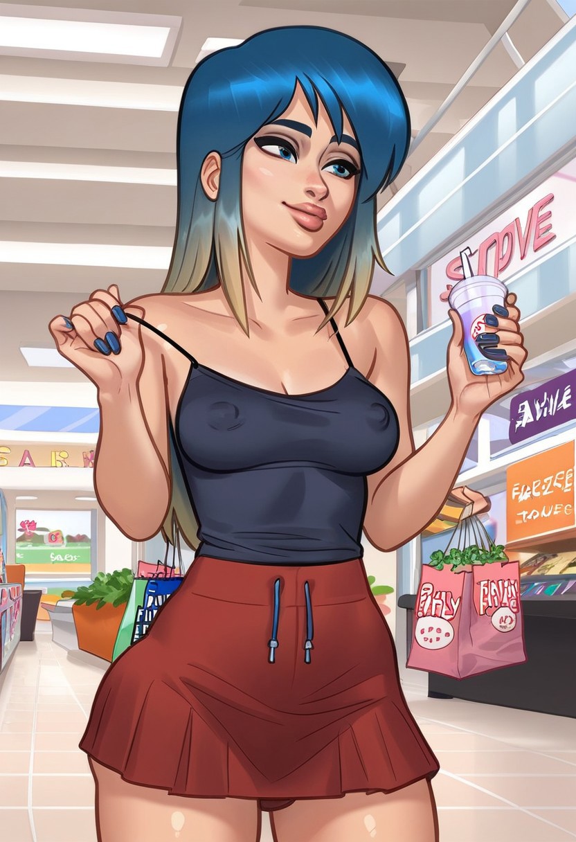 1girls 2d 2d_(artwork) ai_generated bench blue_hair breasts bubble_tea cameltoe civitai cleavage digital_drawing_(artwork) earrings eve_(summertime_saga) female female_focus female_only kiwimike light-skinned_female light_skin medium_breasts nipples nipples_visible_through_clothing outdoors outside skirt standing summertime_saga tank_top tease teasing teenage_girl teenager