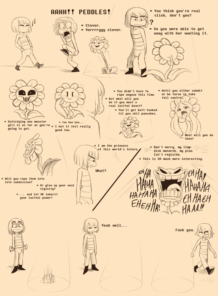 1boy 1girls 1male bulge duo english_text female flowey_the_flower frisk frisky_(under(her)tail) male peddles sketch text thewill under(her)tail undertale undertale_fanfiction