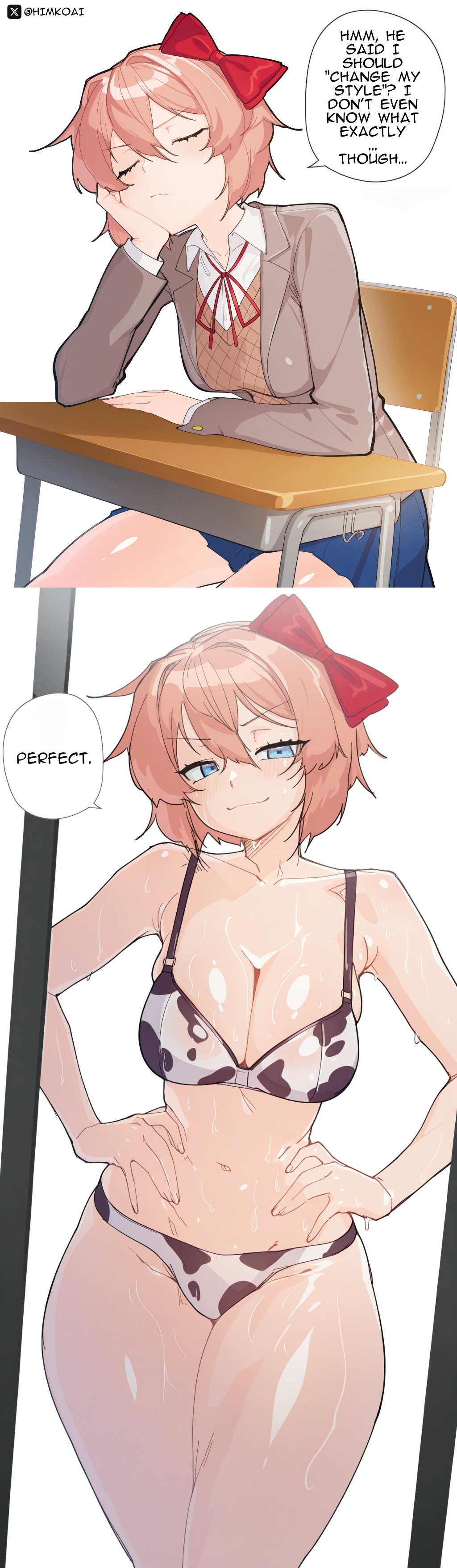 1girls, 2koma, ai generated, blue eyes, breasts, comic, coral pink hair, cow print, cow print bikini, doki doki literature club, female, himkoai, medium breasts, sayori (doki doki literature club), school uniform, short hair, smile, solo, sweat, twitter username, underwear, wet, wide hips, wide thighs