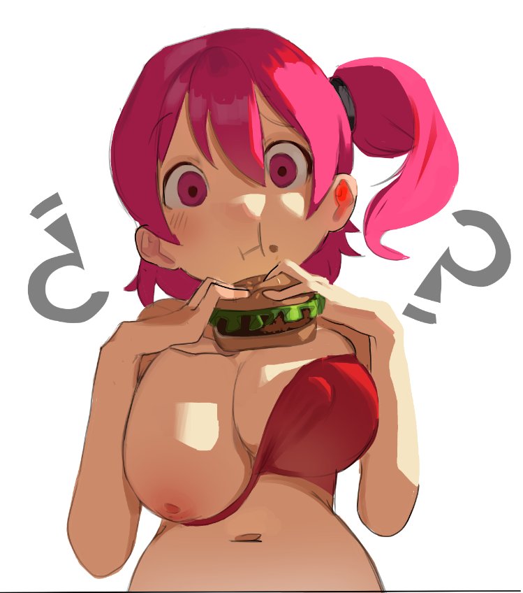 ?, 1girls, areola slip, areolae, arms up, bingledingus, blush, bra, breasts, burger, crush crush, eating, female, holding object, looking at viewer, navel, nipple slip, pink eyes, pink hair, ponytail, sad panda studios, simple background, sketch, solo female, unaware, wardrobe malfunction, wendy (crush crush), white background
