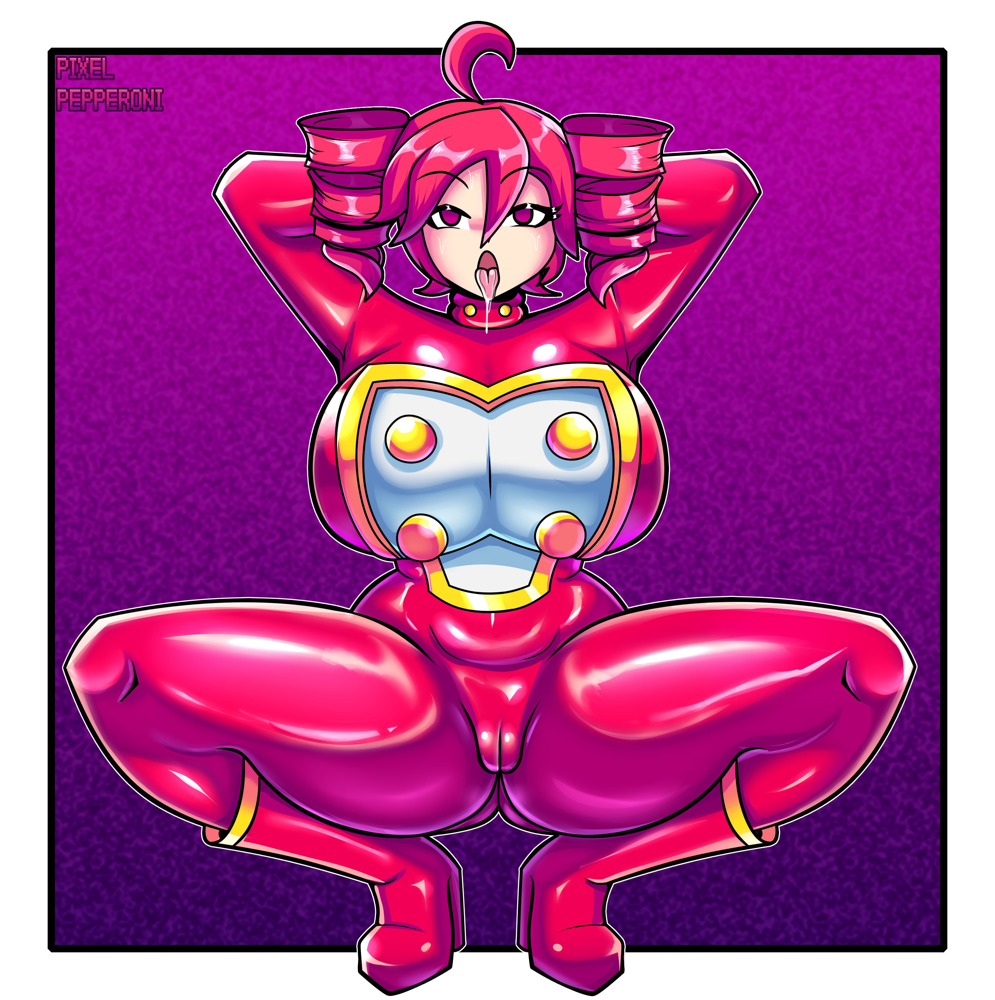 1girls, 2d, 2d (artwork), ahoge, arms behind head, arms up, ass visible through thighs, belly, big breasts, bodysuit, breasts, cameltoe, clothed, clothed female, curvaceous, curvy, curvy female, curvy figure, drool, drooling, female, female only, gigantic breasts, huge breasts, huge thighs, kasane teto, large breasts, latex, latex bodysuit, massive breasts, meat corps, pixelpepperoni, plump, plump labia, plump thighs, pussy, pussy lips, red eyes, red hair, sexy pose, shiny clothes, simple background, skin tight, skindentation, solo, solo female, squatting, suggestive, suggestive look, suggestive pose, thick thighs, thighs, tight clothing, tongue, tongue out, twin drills, utau, voluptuous, voluptuous female, wide hips
