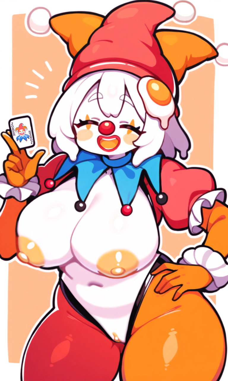 ai assisted, ai generated, balatro, big breasts, blush, breasts, card, clitoris, closed eyes, clown, clown girl, clussy, clussy meme, egg, egg (lemyawn), egg girl meme, female, food creature, hand on hip, knightnyan, leotard, lipstick, makeup, meme, nipples, open mouth, puffy sleeves, pussy, reverse bunnysuit, short hair, slime girl, thick, vagina, voluptuous, white hair, white skin