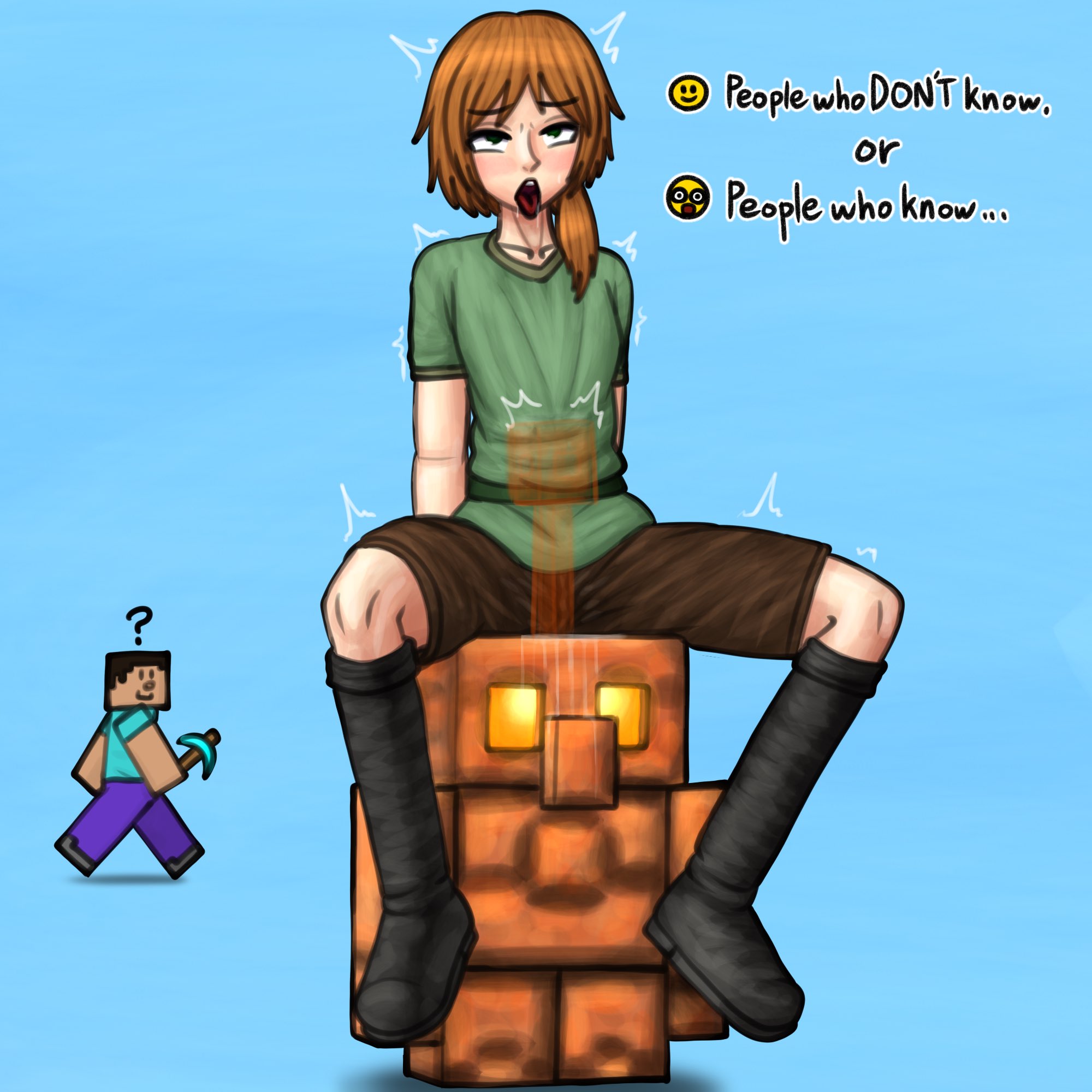 1girls, abs, alex (minecraft), breasts, copper golem, dildo, dildo insertion, dildo sitting, female, fit, fit female, flat chest, flat chested, green eyes, kakutkmds, microsoft, minecraft, mojang, muscular, nipples, orange hair, solo, standing, stealth masturbation, steve (minecraft), sweat, tagme, the copper age (minecraft), unnecessary censorship, video game character, video game franchise, video games