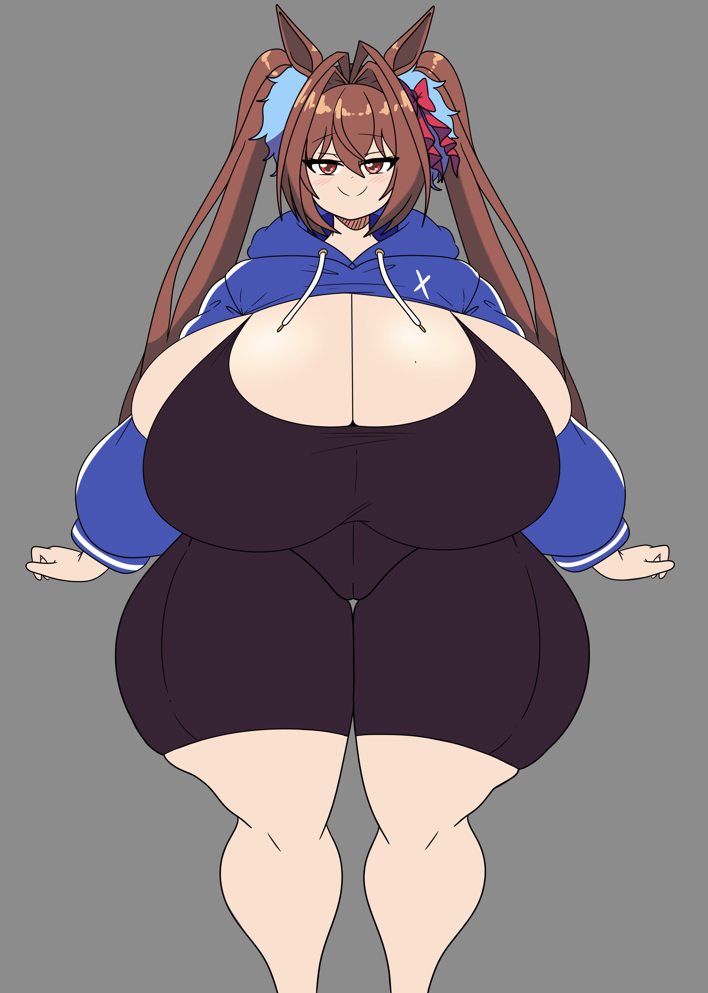 absurdres, alternate breast size, animal ears, breasts, brown hair, cleavage, daiwa scarlet (umamusume), female, hair between eyes, highres, hood, horse ears, horse girl, huge breasts, inakotho, long hair, long sleeves, looking at viewer, navel, red eyes, skindentation, solo, standing, swimsuit, thighs, twintails, umamusume