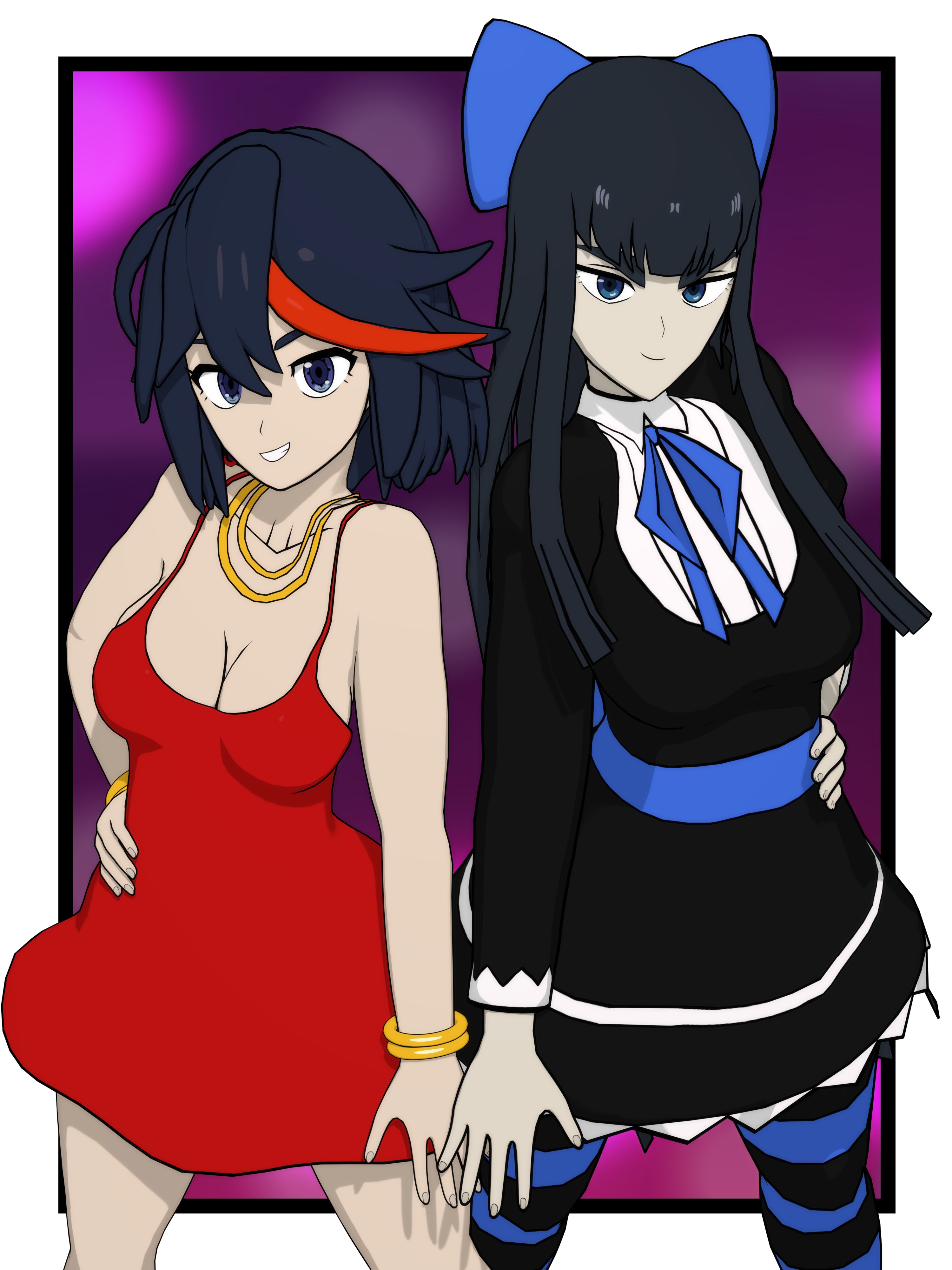 2girls, 3d, black hair, blue eyes, breasts, busty, cleavage, female, female only, hairbow, kill la kill, kiryuuin satsuki, light skin, light-skinned female, matoi ryuuko, multiple females, multiple girls, panty & stocking with garterbelt, panty anarchy (cosplay), red dress, red streak, sisters, snoopsnsfw, stocking anarchy (cosplay)