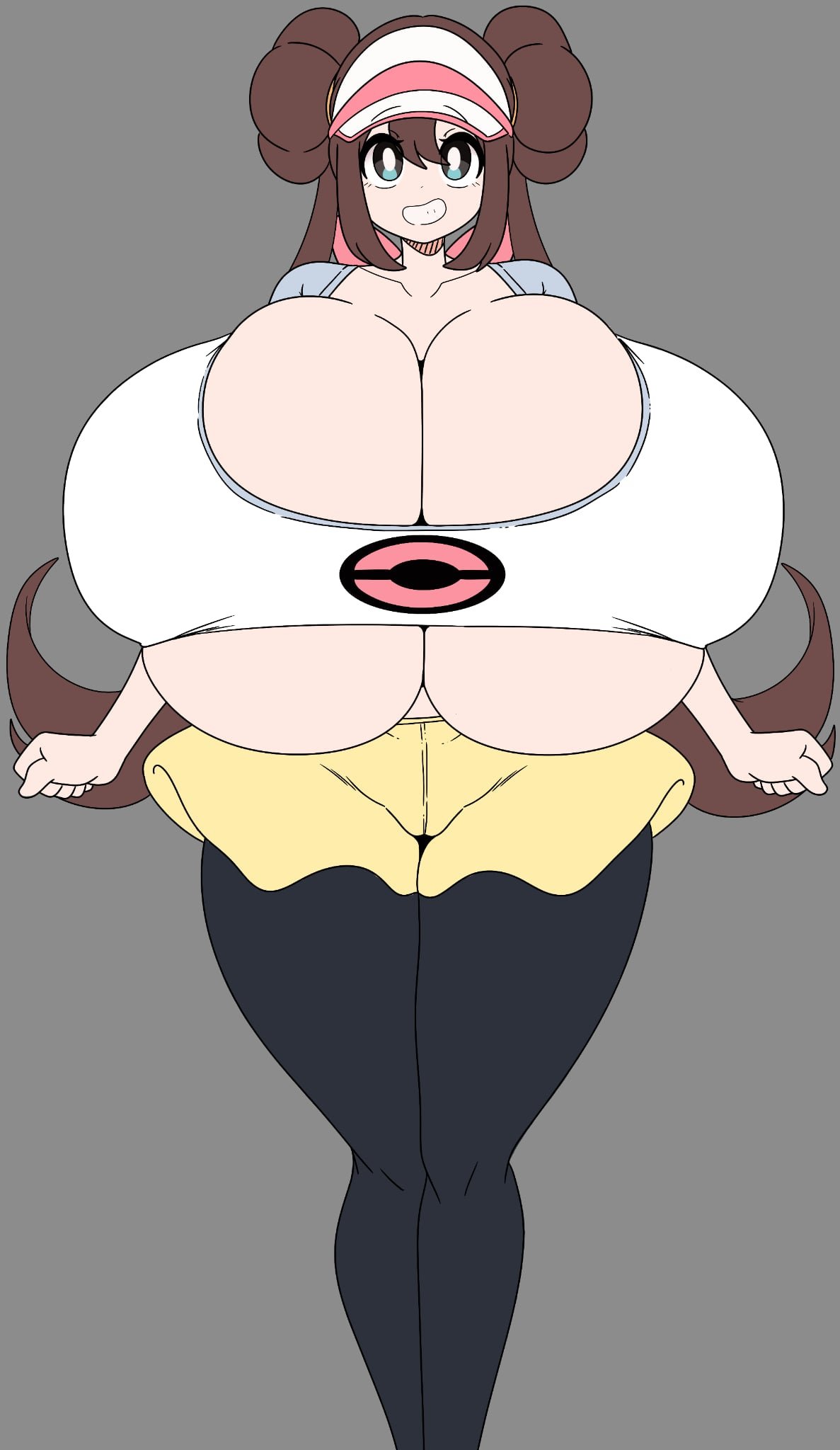 1girls, alternate body type, alternate breast size, arms behind back, blue eyes, blue hair, breasts, brown hair, bursting breasts, clothed, double bun, female, huge breasts, inakotho, looking away, massive breasts, mei (pokemon), overflowing breasts, plump, pokemon, pokemon bw2, rosa (pokemon), shirt, skindentation, thick thighs, tights, top heavy, twintails, underboob, venus body, visor, voluptuous, wide hips