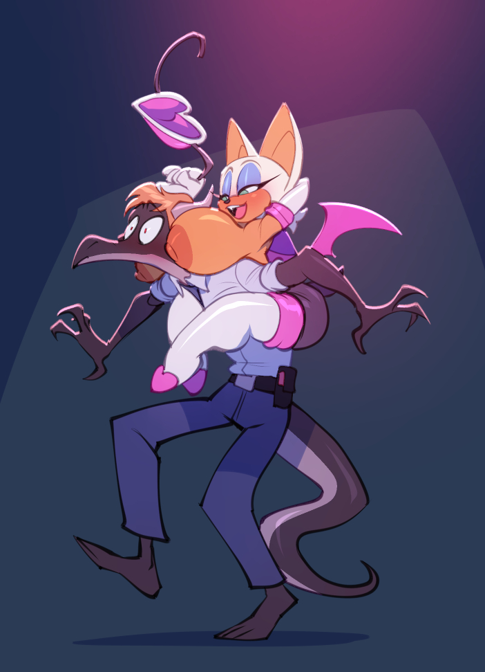 anthro, areola, barefoot, bat, bigdad, biped, black body, black tail, clothed, clothing, duo, eyebrows, eyeliner, feet, female, fur, green eyes, lizard, makeup, male, mammal, nipples, open mouth, open smile, reptile, rouge the bat, scalie, sega, simple background, smile, sonic (series), sonic the hedgehog (series), tail, tan body, teeth, white body, white fur, wings