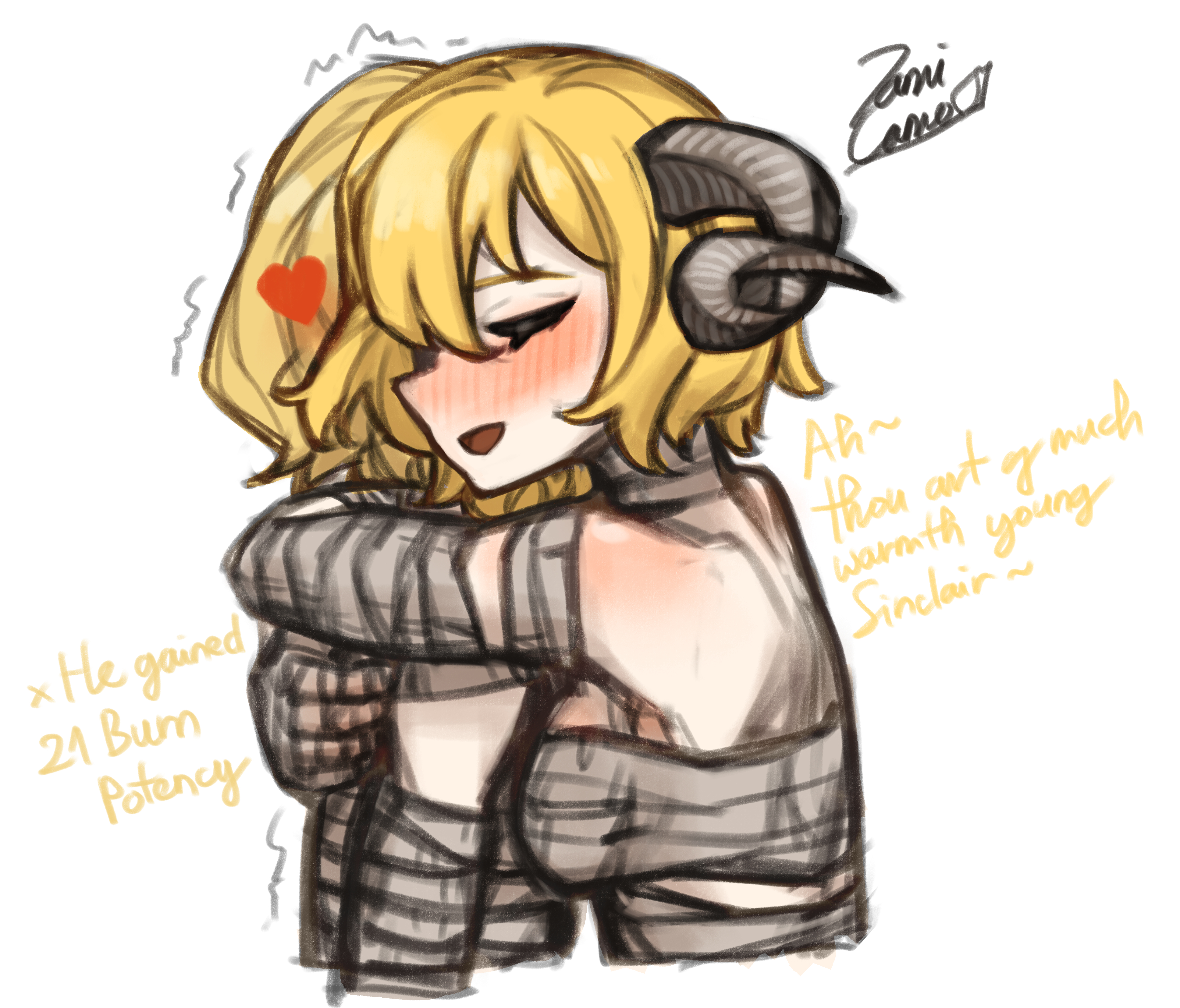bandage, bandaged chest, blush, blush lines, blushing, blushing female, don quixote (limbus company), embrace, embracing, embracing another, eyes closed, hugging, hugging another, hugging partner, limbus company, project moon, ram horn, sami camo, sinclair (limbus company), sweat, sweatdrop, sweating, sweaty, sweaty body, tagme, wholesome
