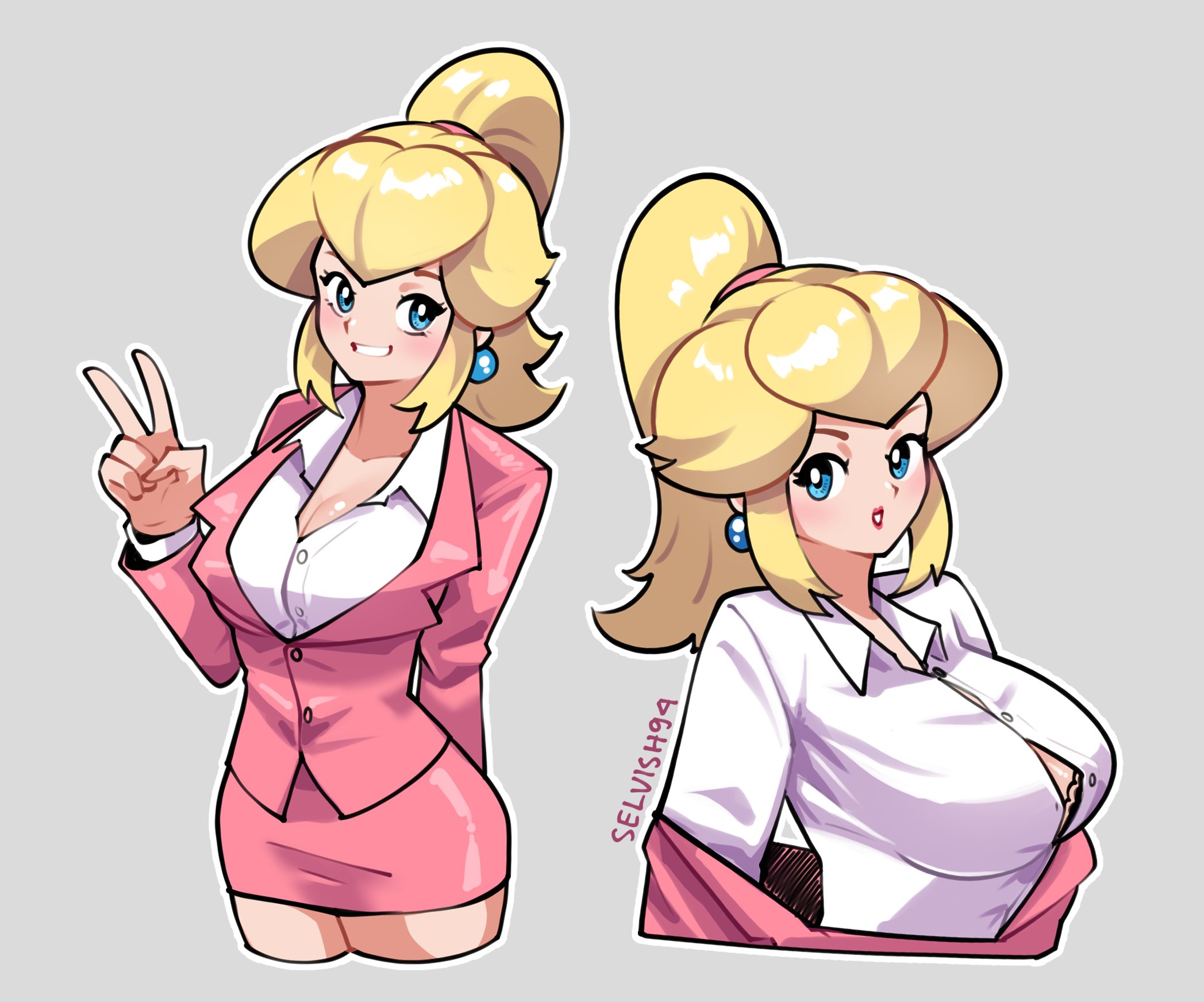 1girls, artist name, big breasts, blonde hair, blue earrings, blue eyes, bra, bra peek, breasts, busty, button gap, buttons popping, cleavage, curvy, earrings, female, female only, fully clothed, light skin, light-skinned female, mario (series), miniskirt, nintendo, office lady, pencil skirt, ponytail, princess peach, secretary, selvish94, short skirt, skirt, upper body