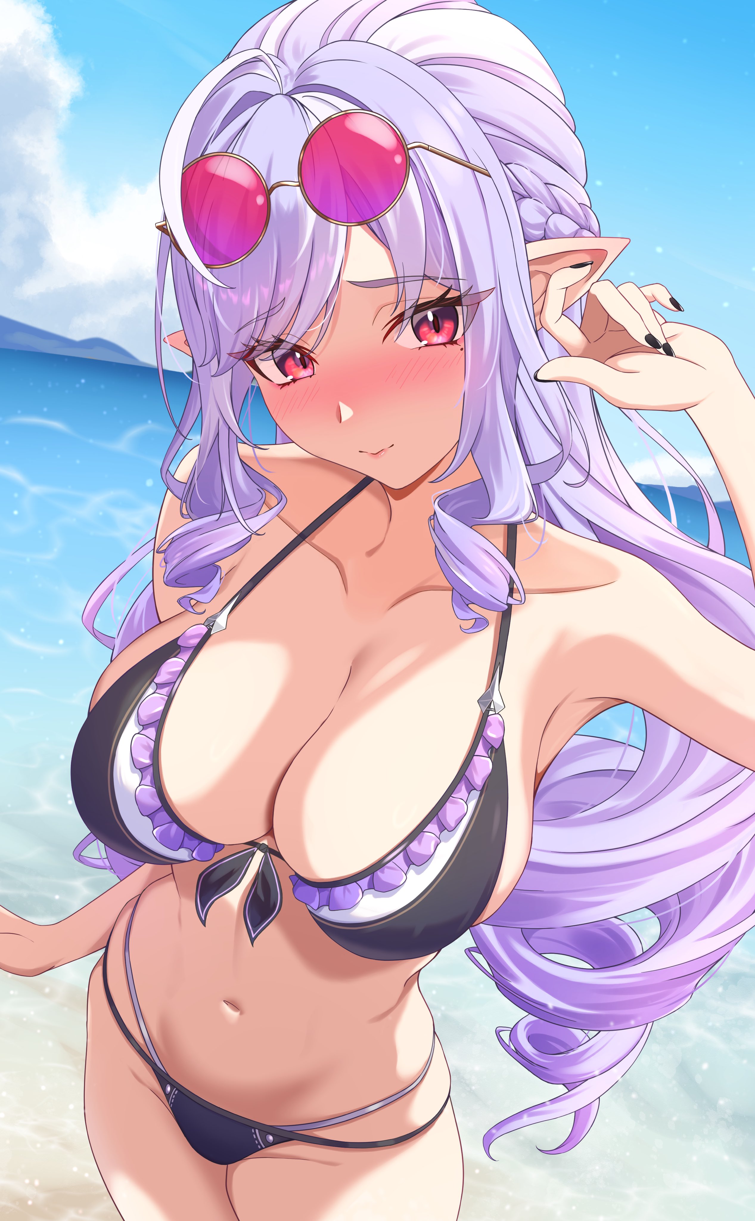 1girls, beach, big breasts, bikini, bikini bottom, bikini top, black nails, black swimsuit, blush, blushing, blushing at viewer, blushing female, breasts, covic, elf ears, female, female only, glasses on head, hoyoverse, huge breasts, long hair, mihoyo, painted nails, pointy ears, purple hair, purple hair female, purple-haired female, red eyes, red eyes female, red-eyed female, sole female, swimsuit, vivian banshee, water, zenless zone zero
