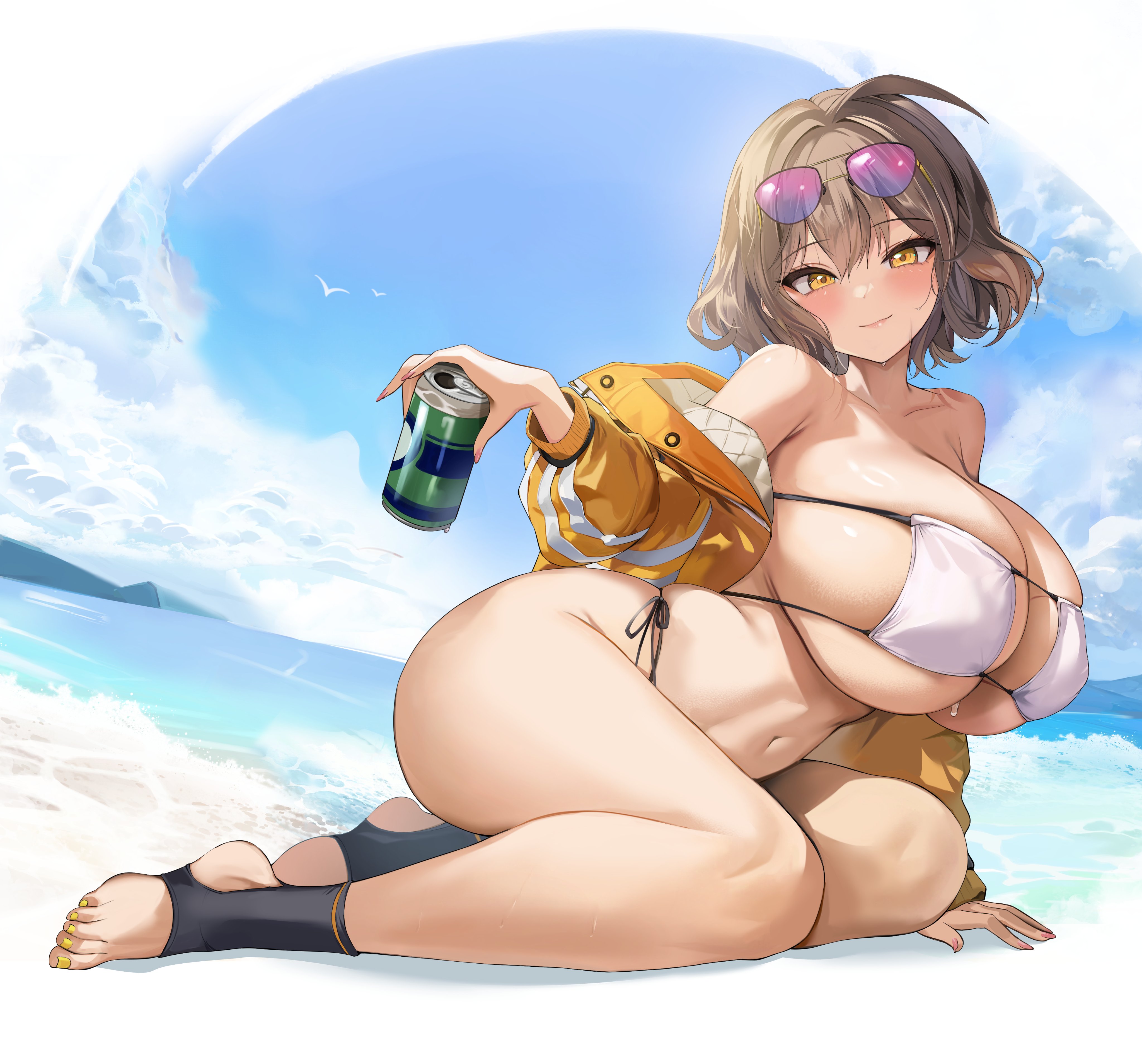 1girls, anis (nikke), beach, bikini, bikini top, breasts, brown hair, eyewear on head, female, female only, glasses on head, goddess of victory: nikke, hidogod, holding object, huge breasts, large breasts, light skin, light-skinned female, massive breasts, medium hair, open jacket, soda can, solo, stirrup socks, sunglasses on head, tagme, toeless socks