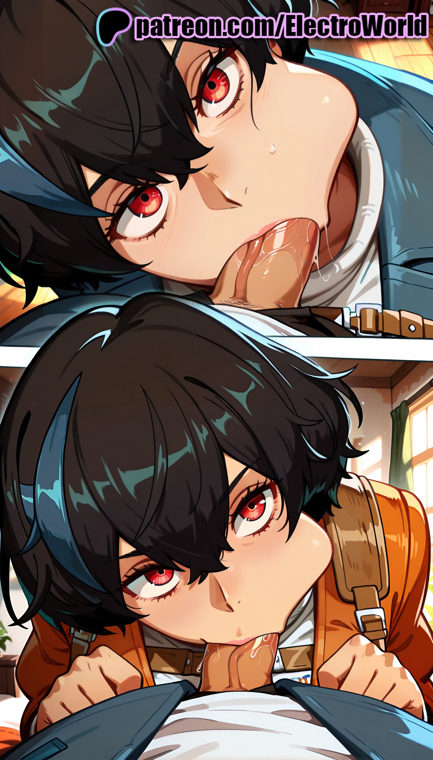:>=, 1girls, 2025, ai generated, artist name, black hair, blowjob, blowjob face, cheek bulge, cock, deepthroat, dick, electroworld, fellatio, female, guilty gear, hi res, high quality, high resolution, highres, licking, male, multiple fellatio, oral, oral sex, patreon, patreon username, penis, red eyes, short hair, stable diffusion, straight, sucking, uncensored, unika (guilty gear), watermark