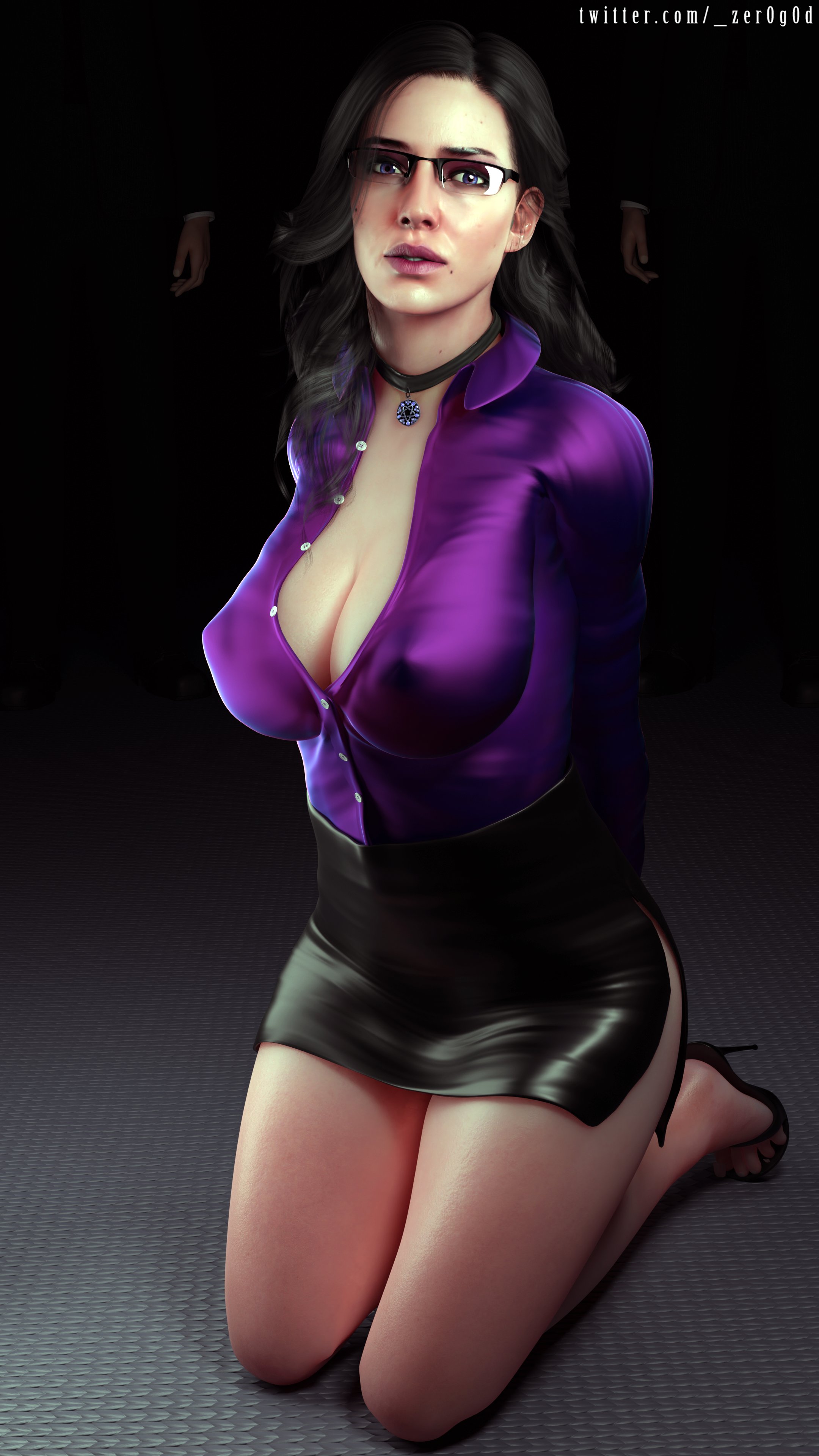 3d, bare legs, big breasts, black hair, black skirt, bottomless, breasts, business suit, busty, cd projekt red, choker, cleavage, collar, erect nipples, eyelashes, eyewear, female, glasses, hands behind back, high heels, hourglass figure, huge breasts, kneeling, large breasts, long hair, long legs, makeup, miniskirt, nipple bulge, nipples, office lady, pencil skirt, pendant, pinup, pose, posing, purple eyes, purple shirt, sagging breasts, secretary, skimpy, skimpy clothes, skin tight, skirt, skirt suit, the witcher (series), the witcher 3: wild hunt, thick thighs, tight skirt, voluptuous, wide hips, yennefer, zer0g0d