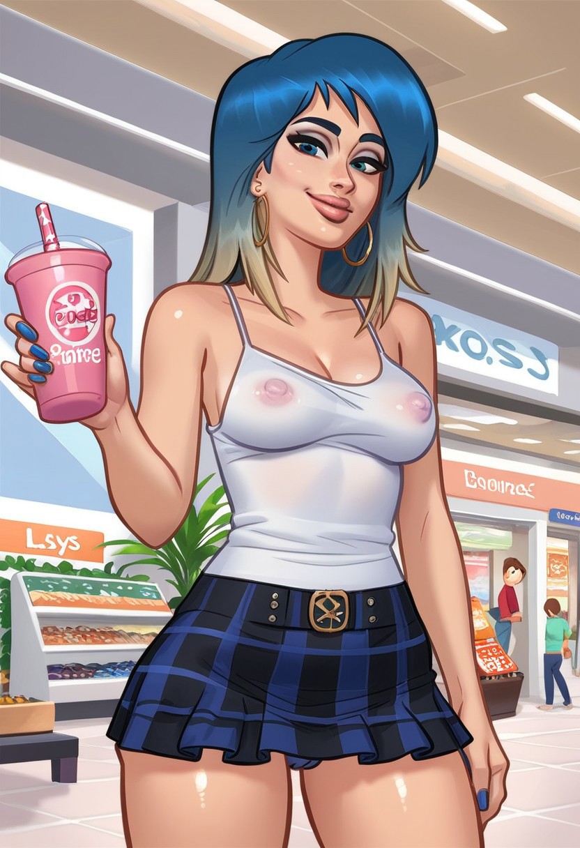 1girls 2d 2d_(artwork) ai_generated bench blue_hair breasts civitai cleavage digital_drawing_(artwork) earrings eve_(summertime_saga) female female_focus female_only kiwimike light-skinned_female light_skin looking_at_viewer medium_breasts nipples nipples_visible_through_clothing outdoors outside see-through see-through_clothing see-through_top skirt standing summertime_saga tank_top tease teasing teenage_girl teenager underwear