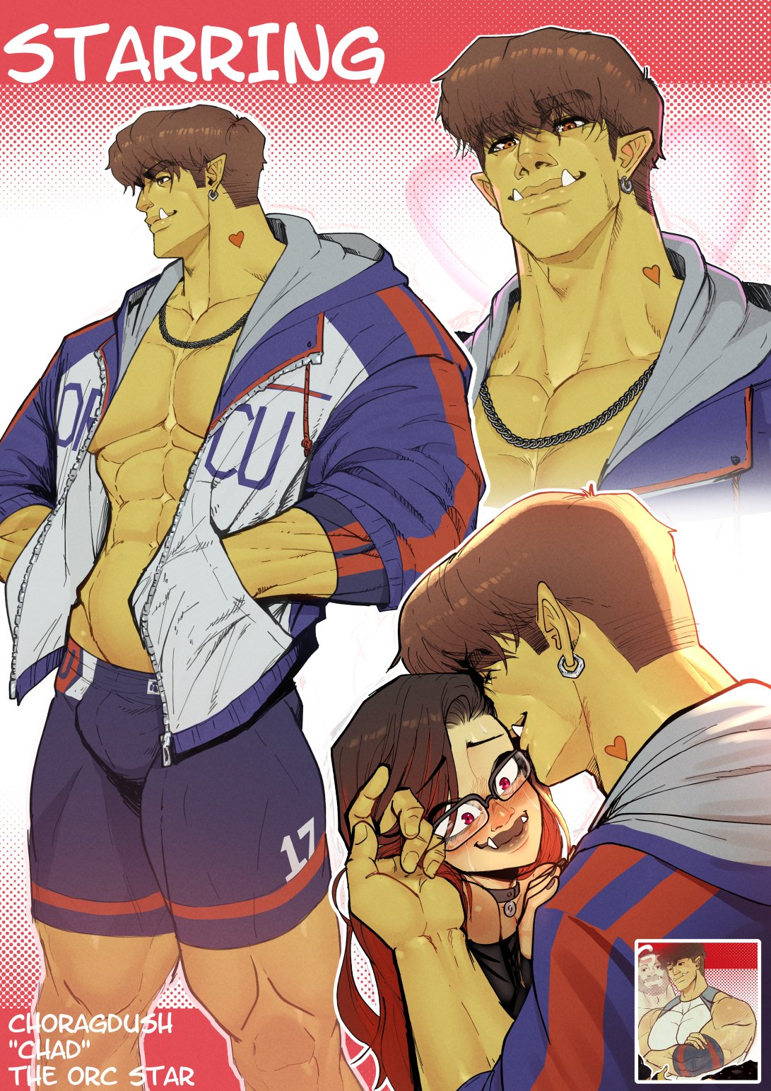 1boy, 1femboy, 2d, black hair, blush, brown eyes, brown hair, earrings, english text, erika's first week, eyebrows visible through hair, fangs, femboy, feminine male, filly (orcbarbies), girly, glasses, green skin, hands in pockets, hi res, hoodie, male, muscles, muscular, muscular male, orc, orc femboy, orc male, orcbarbies, original, pointy ears, red eyes, red hair, shorts, smile, text, two-tone hair