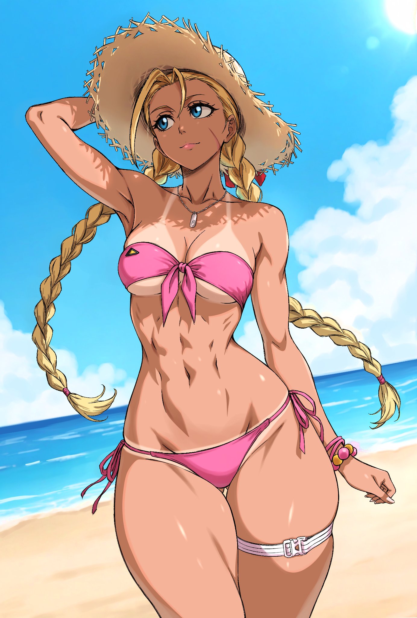 beach, bikini, blonde hair, blue eyes, braided twintails, cammy white, capcom, female, light skin, light-skinned female, pink bikini, straw hat, street fighter, swimsuit, tan, tan skin, tanline, thick thighs, thigh strap, zantyarz