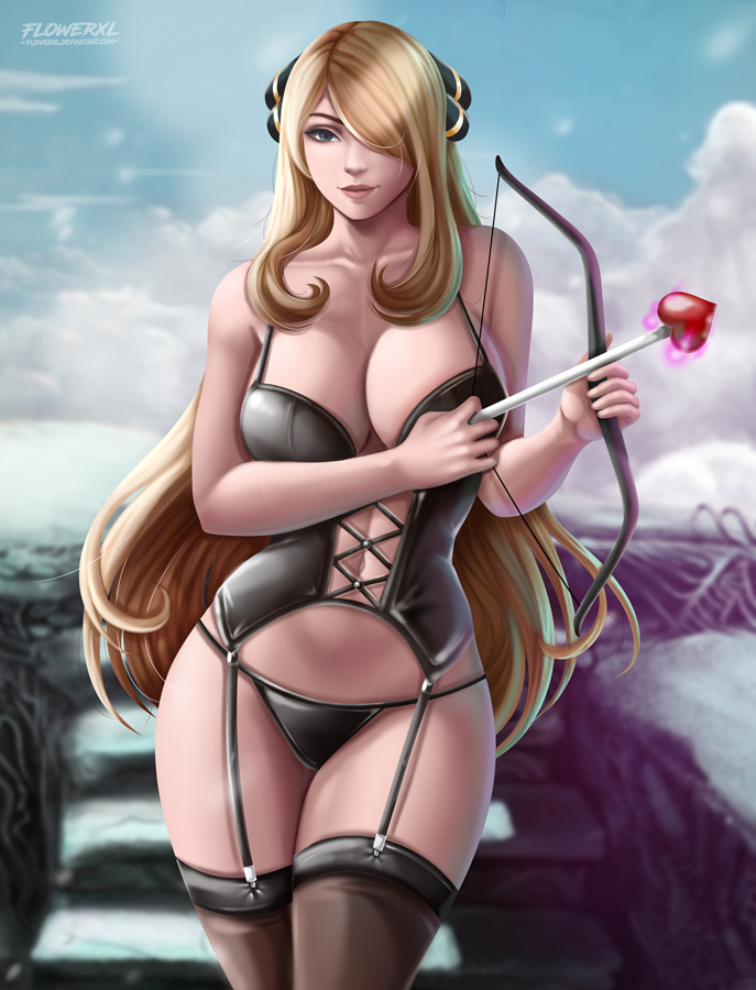 1girls, alluring, alternate breast size, alternate outfit, big breasts, breasts, cleavage, cupid's arrow, cynthia (pokemon), deviantart, female, female only, flowerxl, hair over one eye, half-closed eyes, human, human only, large breasts, looking at viewer, panties, pokemon, pokemon dppt, text, thick thighs, thighhighs, url, watermark, wide hips