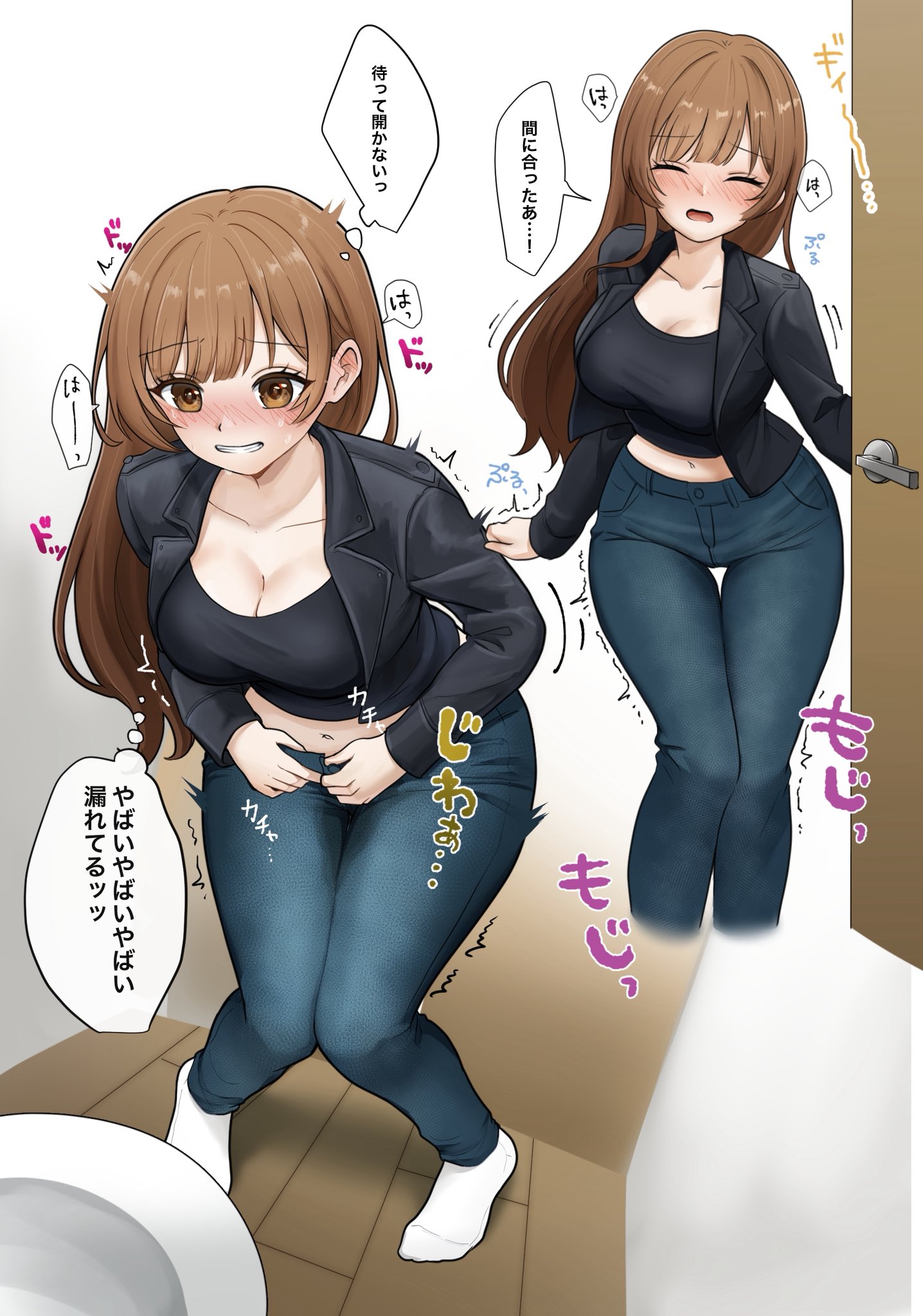 1girls, black jacket, black shirt, blush, breasts, brown eyes, brown hair, cleavage, clenched teeth, cropped shirt, denim, door, female, have to pee, indoors, jacket, jeans, large breasts, leather, leather jacket, long hair, midriff, minami omo, navel, open clothes, open jacket, original, pants, peeing, peeing self, shirt, socks, solo, stained pants, toilet, translation request, trembling, wetting, wetting self, white socks