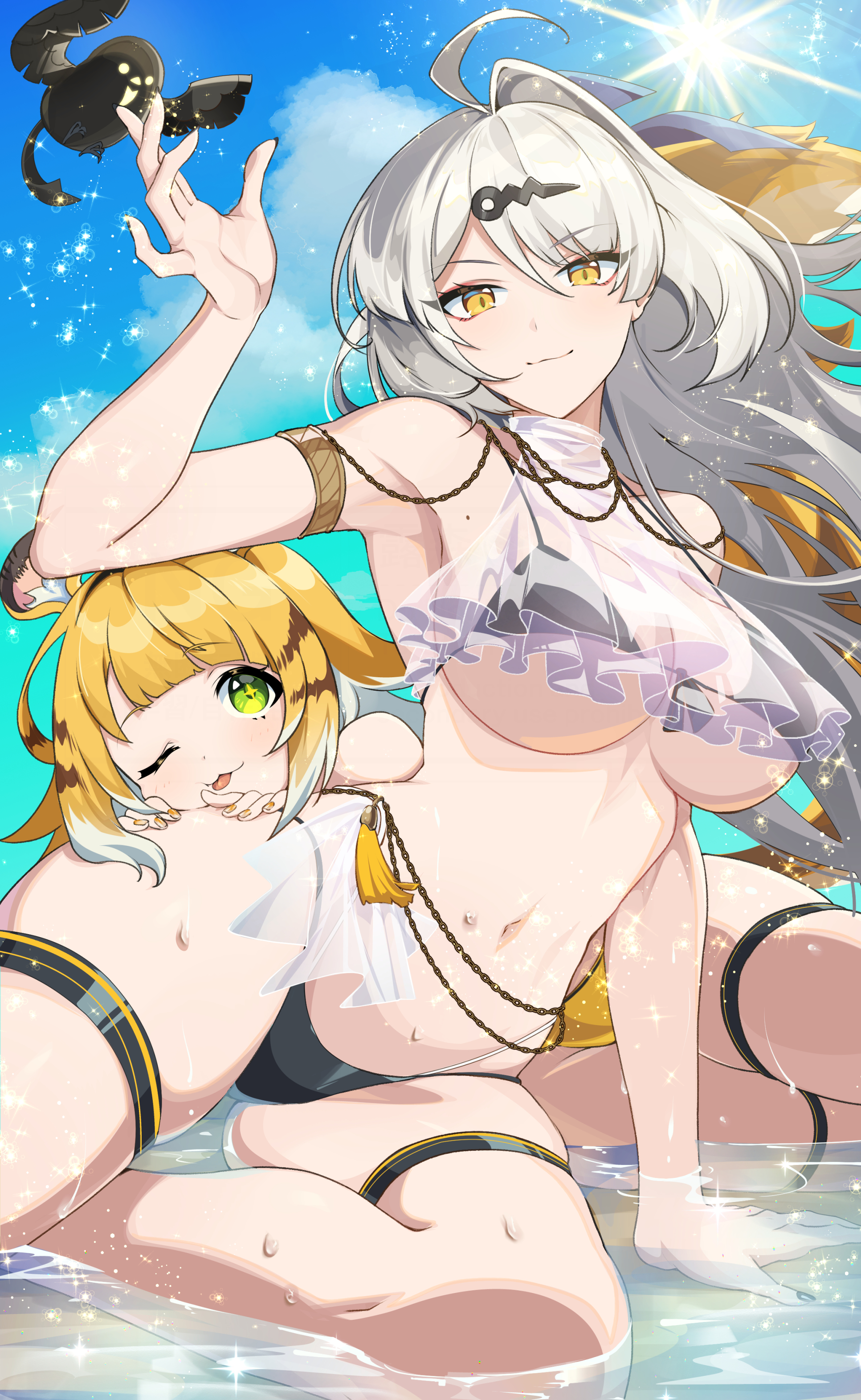 ;p, :3, 2girls, absurdres, ahoge, animal ears, armpits, bikini, bird, black bikini, blonde hair, blue sky, breasts, commentary request, female, green eyes, highres, ju fufu, large breasts, long hair, looking at viewer, lying, multiple females, multiple girls, navel, on side, one eye closed, outdoors, single hair intake, sky, stomach, swimsuit, tail, thigh strap, tiger ears, tiger girl, tiger stripes, tiger tail, tongue, tongue out, tuyumori kaoru (alilybell1241), underboob, white hair, yellow bikini, yellow eyes, yixuan (zenless zone zero), zenless zone zero