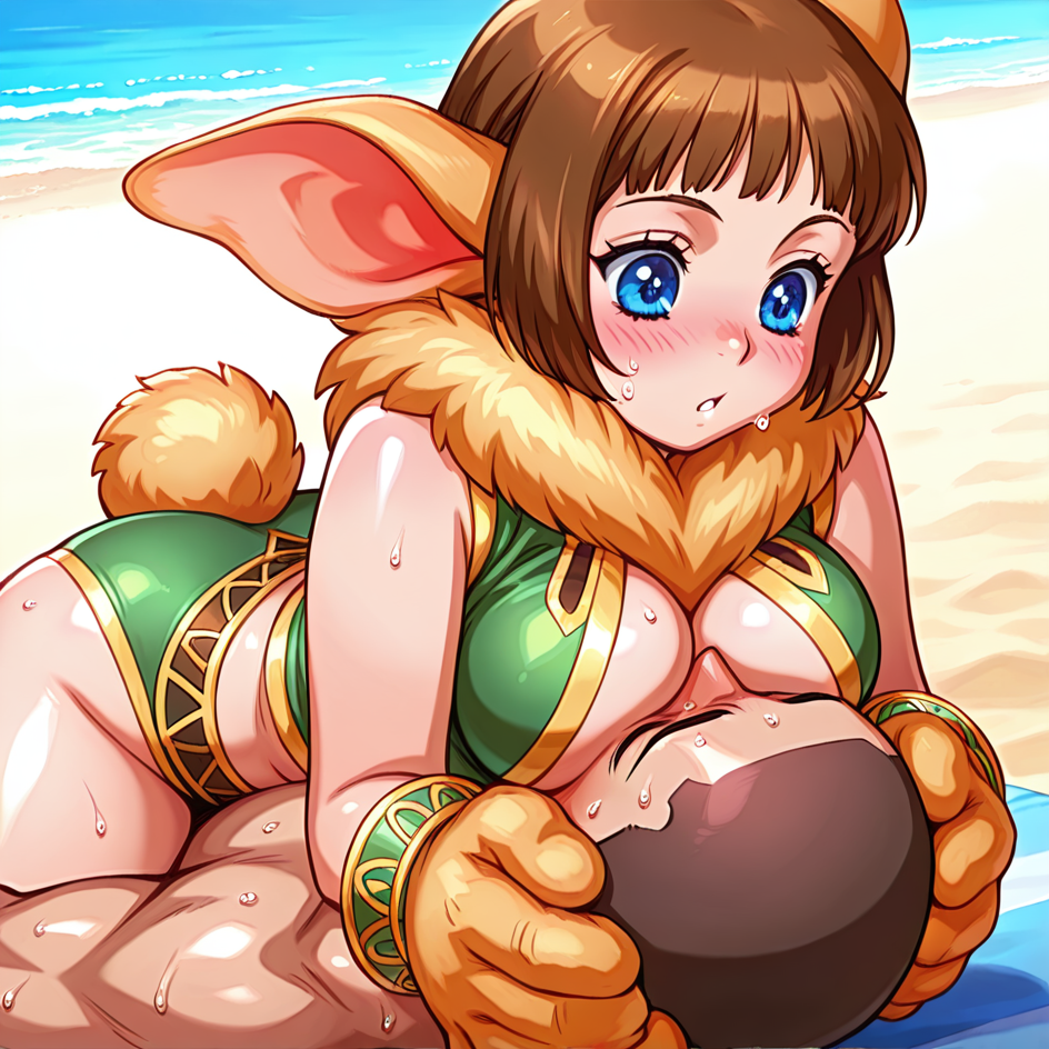 1boy 1girls ai_generated animal_hands beach beach_towel big_breasts blue_eyes blush breast_rest breasts brown_hair bunny_ears bunny_girl bunny_tail chrono_(series) chrono_cross chubby cowgirl_position face_between_breasts face_in_breasts female human janice_(chrono_cross) kemonomimi male muscular neck_tuft on_person short_hair sweaty thick_thighs