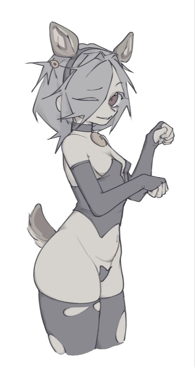 brawl stars, choker, colette (brawl stars), deer ears, deer girl, deer tail, female, red eyes, smile, sticker, stickers on body, stockings, torn clothes, torn stockings, tvar, white hair