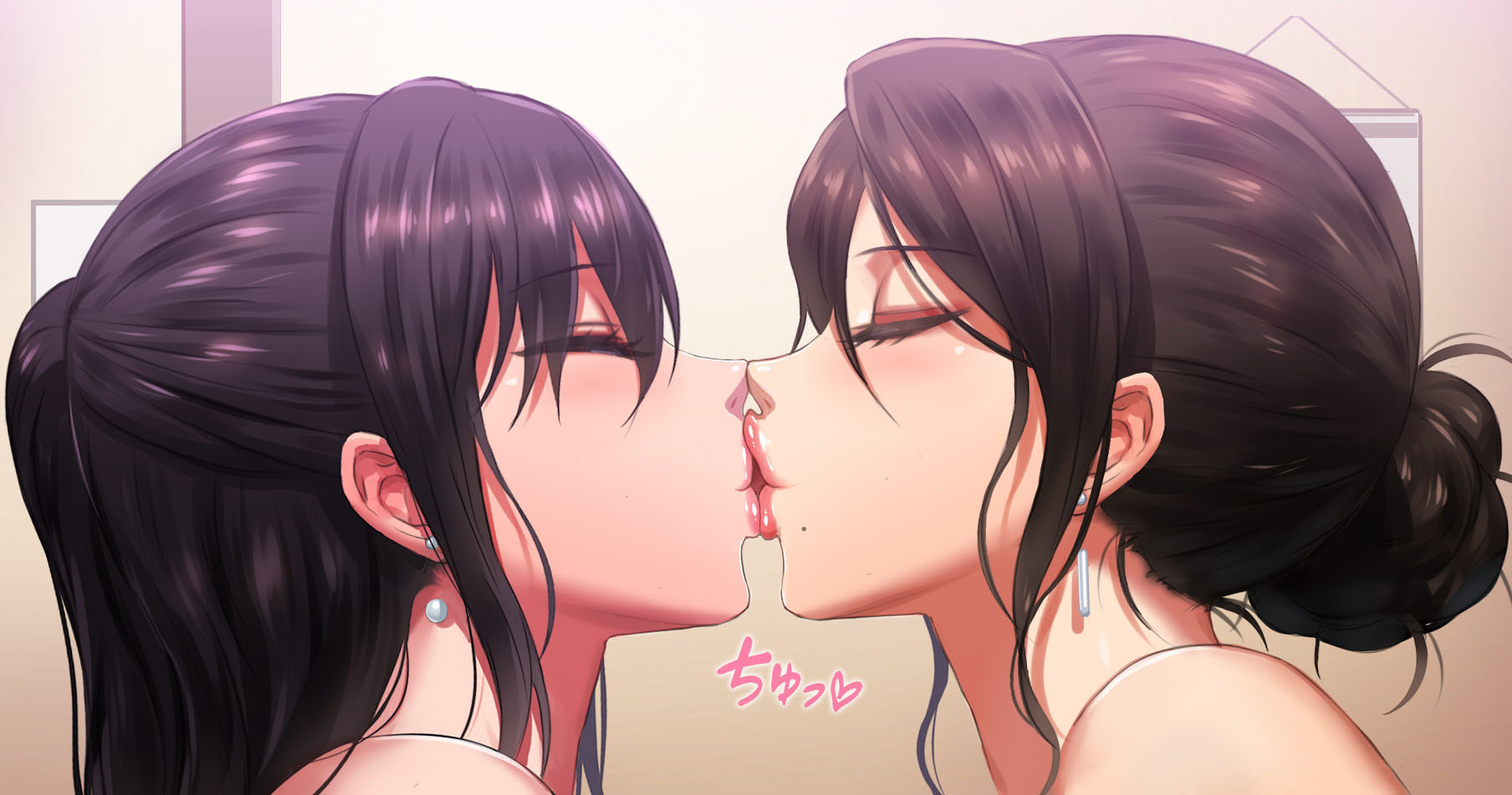 2girls, beauty mark, brown hair, earrings, eyes closed, female, female only, kissing, light skin, light-skinned female, nose to nose, purple hair, yuri, yuritamashi