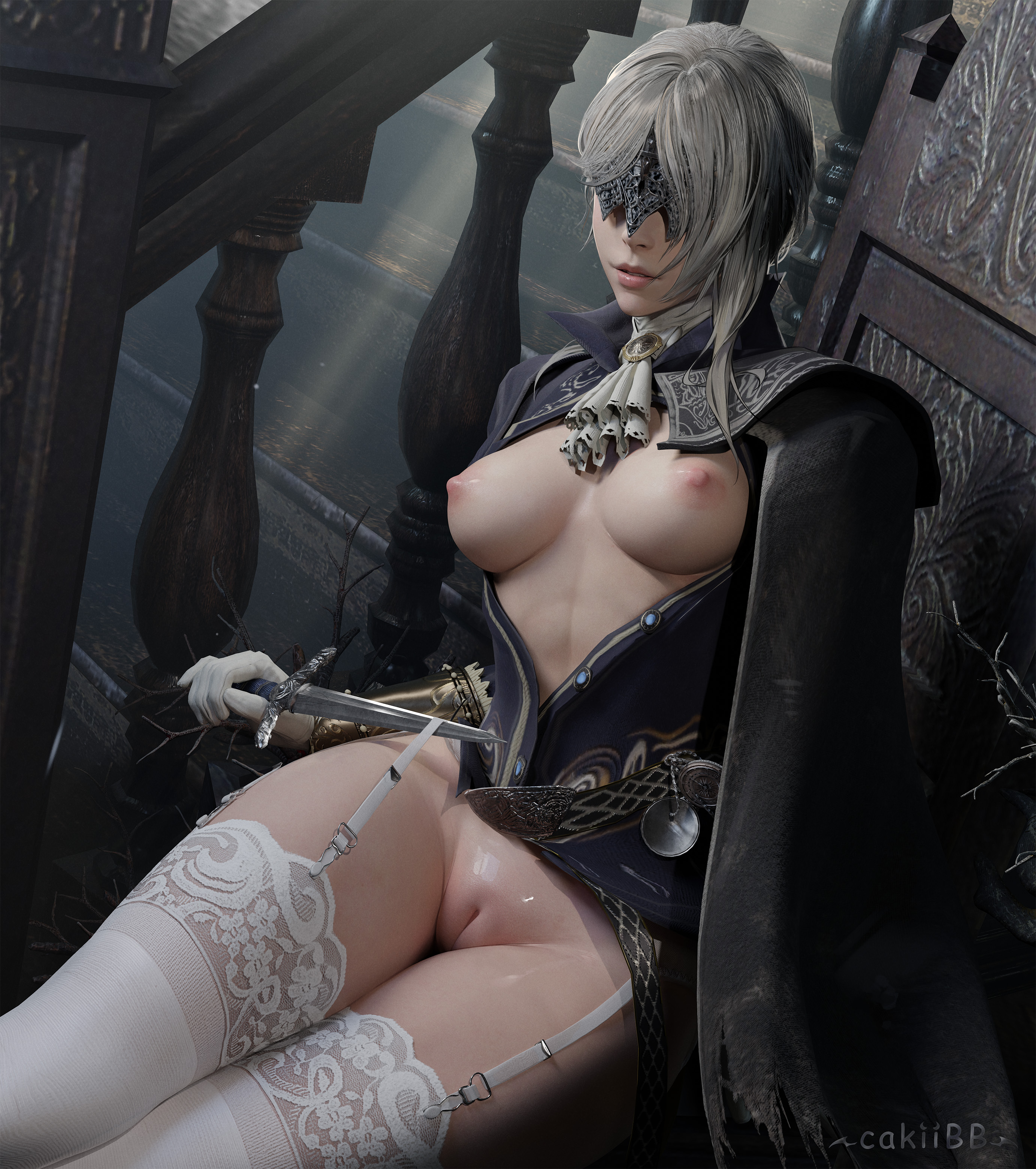 3d, boobs out, breasts, breasts out, cakiibb, duchess (nightreign), elden ring, elden ring nightreign, female, fromsoftware, garter belt, hairless pussy, masked female, open jacket, white hair