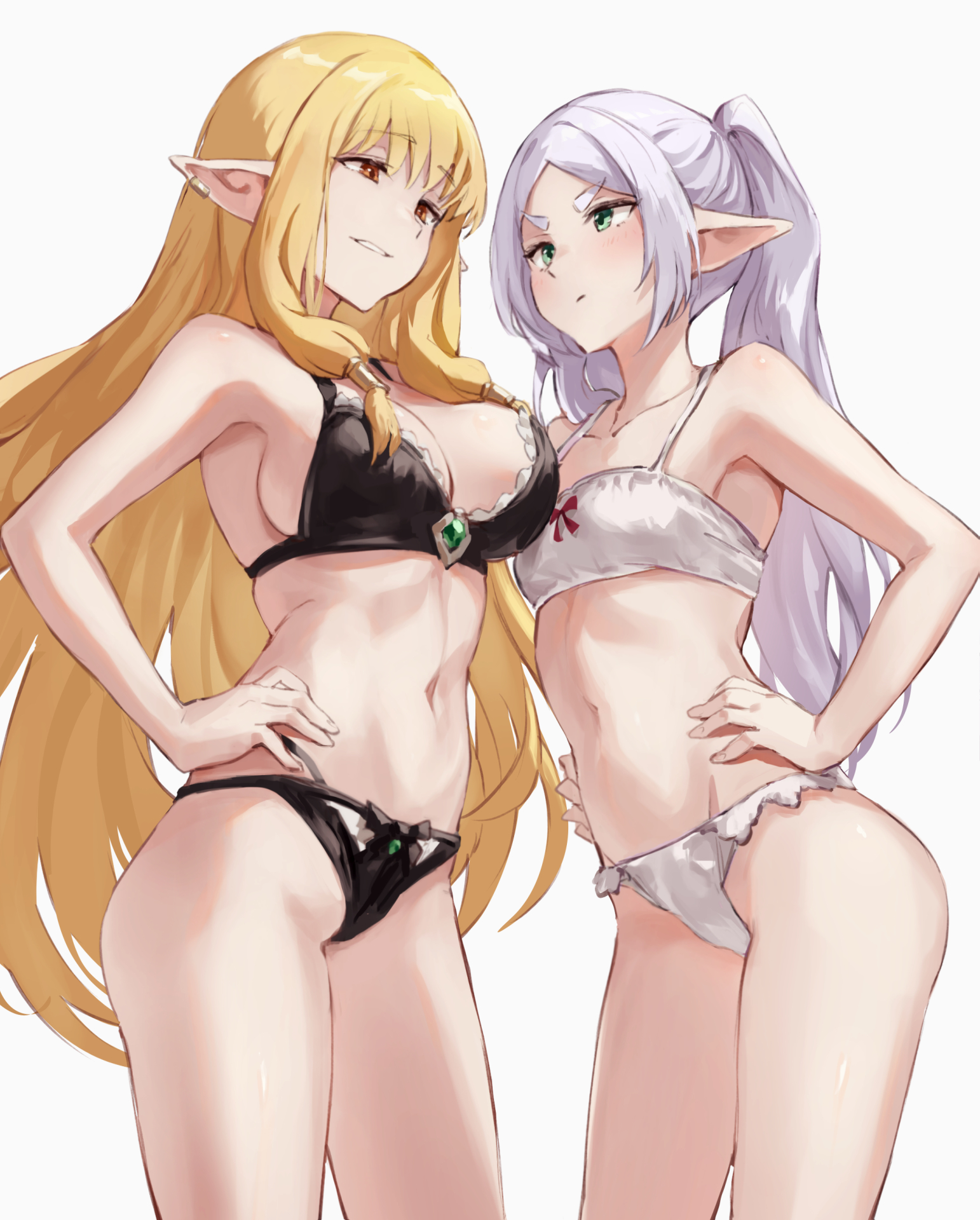 2girls, angry face, annoyed, annoyed expression, bikini, black bikini, blonde female, blonde hair, breast press, breasts, breasts size difference, busty, catfight, comparing, elf, elf ears, elf female, elf girl, face-to-face, female, frieren, frieren beyond journey's end, green eyes, hand on own hip, hands on own hips, highres, irritated, jojobirdz, large breasts, lingerie, lingerie only, long hair, looking at another, multiple females, multiple girls, navel, orange eyes, pointy ears, serie (sousou no frieren), short eyebrows, sidelocks, simple background, small breasts, smile, smirk, smirking, smirking at another, smirking face, sousou no frieren, staredown, stomach, swimsuit, thick eyebrows, twintails, v-shaped eyebrows, very long hair, white background, white bikini, white hair, yuri