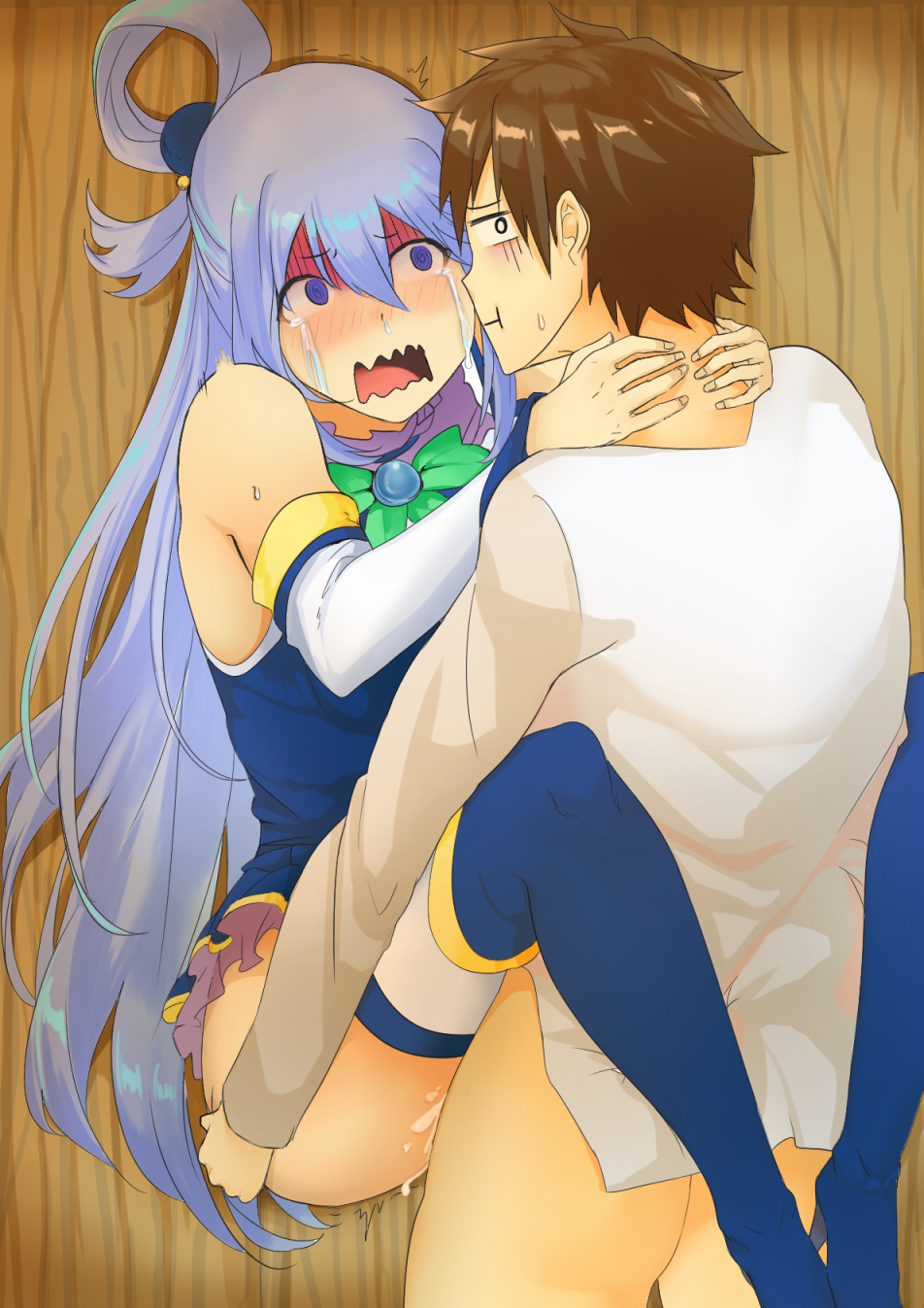 1boy, 1girls, against wall, aqua (konosuba), aqua eyes, aqua hair, asdf124, blush, boots, brown hair, clothed sex, cum, cum inside, drunk, female, heel boots, high heel boots, kono subarashii sekai ni shukufuku wo!, leg lock, long hair, looking away, male, open mouth, regret, satou kazuma, sex, shocked, short hair, standing sex, straight, tan skin, tears, thigh boots, thighhigh boots, upright straddle