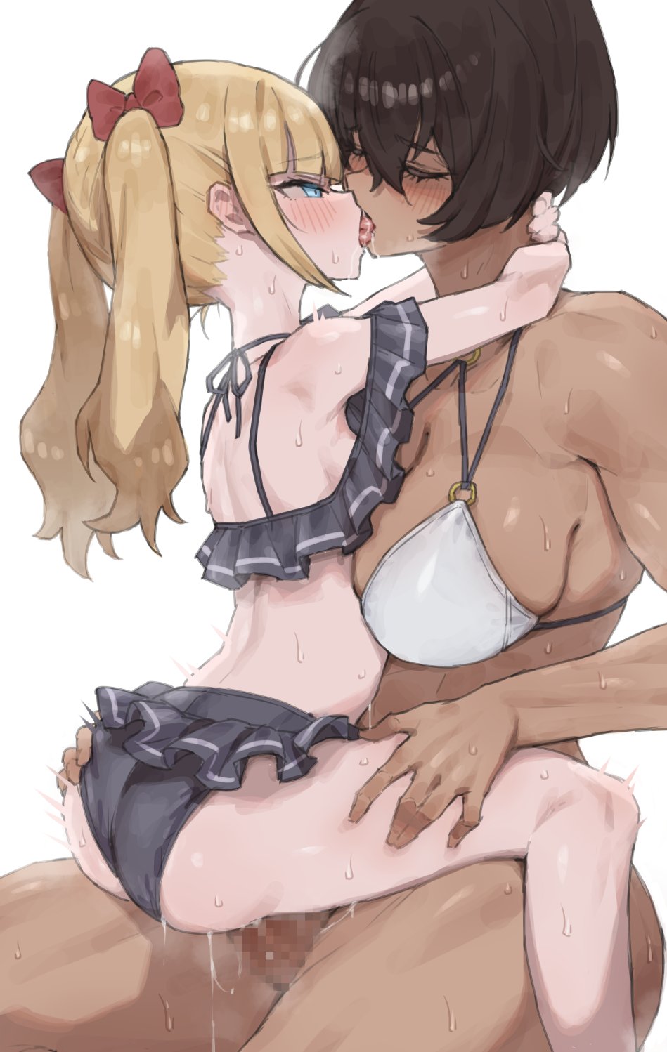 2girls blonde_hair blush breasts brown_hair censored clothed_sex cowgirl_position dark-skinned_female dark_skin female french_kiss futa_with_female futanari grabbing_another&#039;s_ass groping happy_sex height_difference highres humping intersex kei_(m_k) kissing large_breasts long_hair m_k multiple_girls original penis rika_(m_k) sex short_hair simple_background sitting sitting_on_lap sitting_on_person size_difference straddling sweat swimsuit tall_female tan tomboy upright_straddle vaginal_penetration