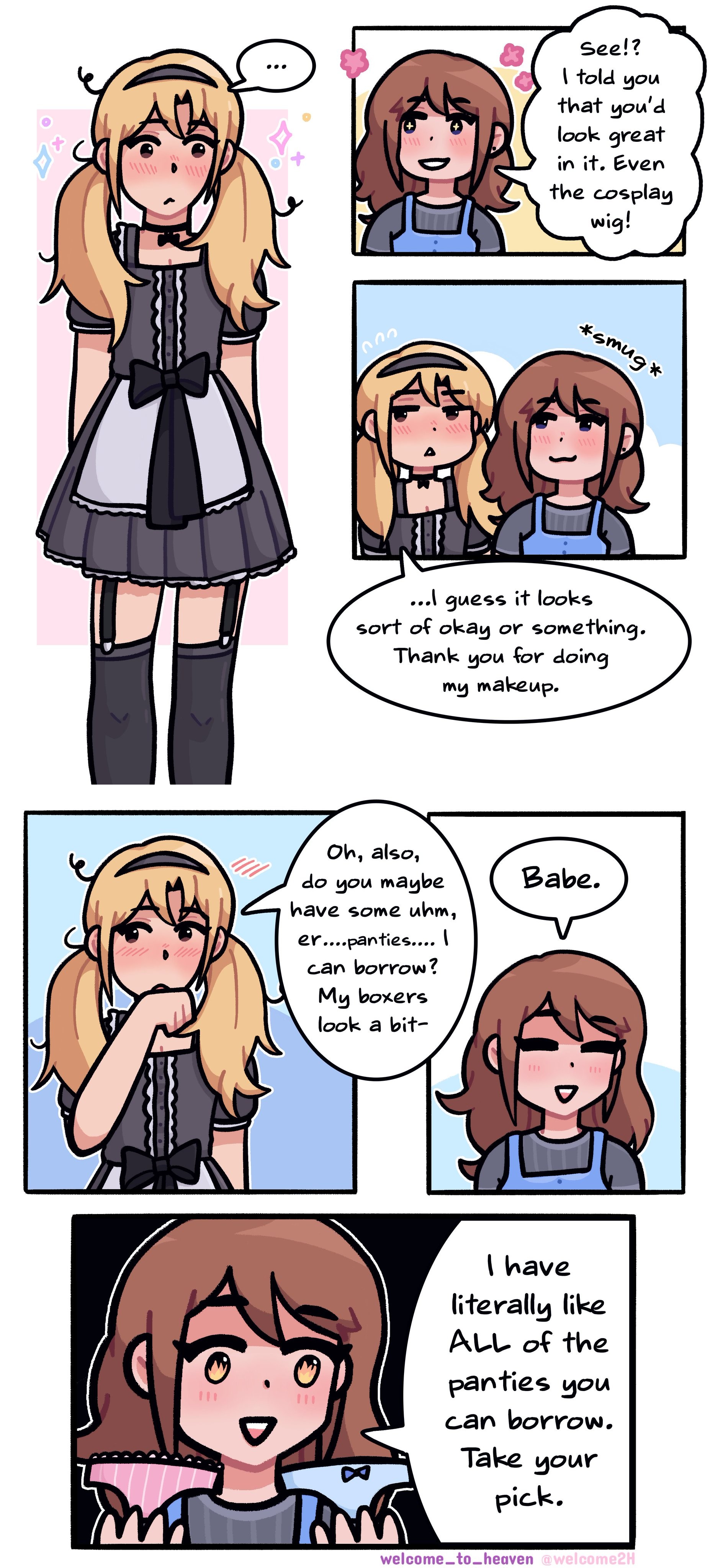 1boy, 1girls, blonde hair, blush, brown hair, cosplay, crossdressing, embarrassed, english dialogue, english text, female, female supporting crossdressing, femboy, feminine male, feminization, fire in eyes, flustered, garter belt, garter straps, maid outfit, male, messy hair, nervous, panties, serious, shy, smirk, smug, smug face, sparkles, sparkling eyes, speech bubble, straight, welcome to heaven, wholesome, wig