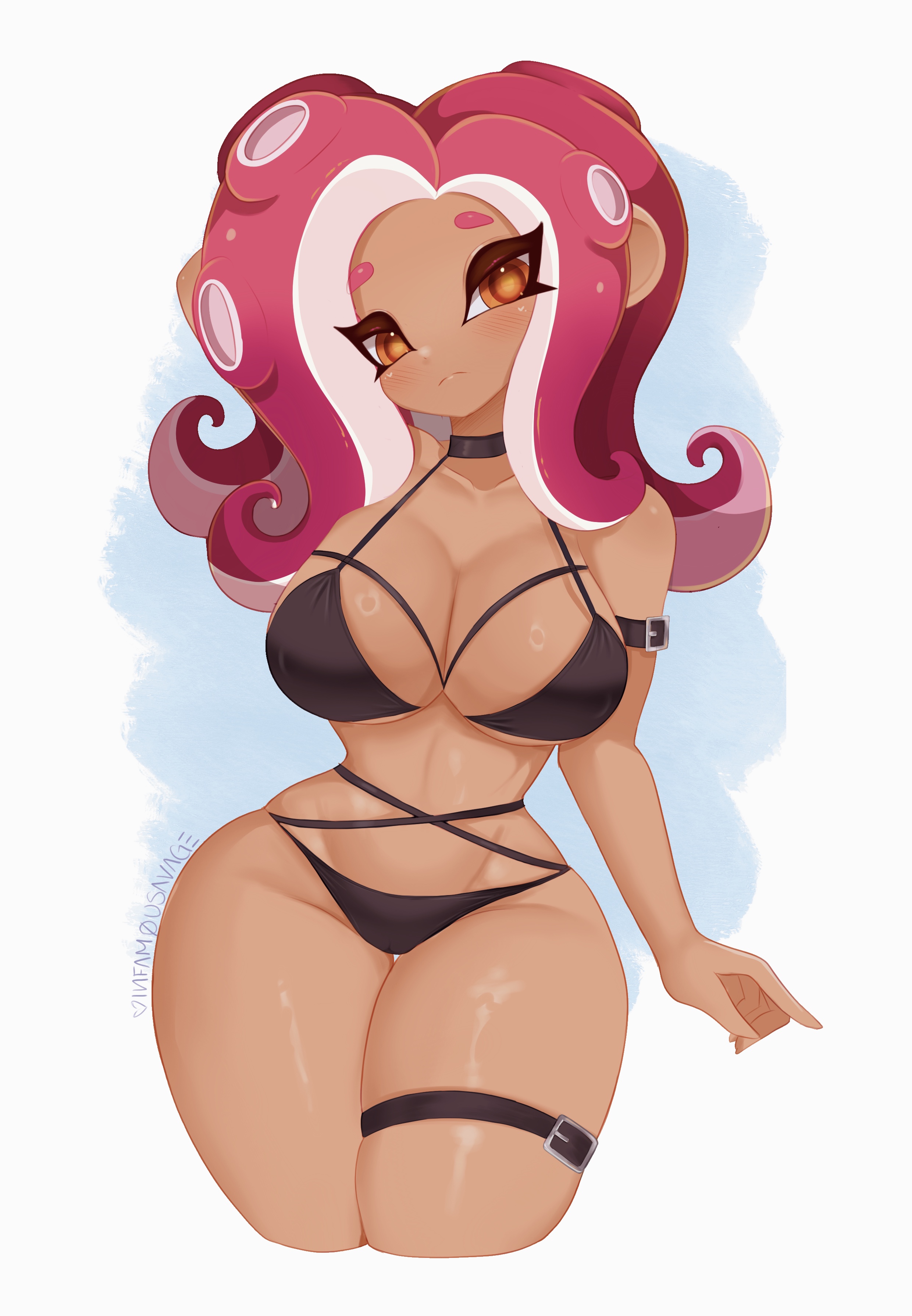 1girls, 2025, agent 8 (octo expansion), agent 8 (splatoon), artist signature, belt, bikini, black bikini, breasts, cleavage, dark skin, dark-skinned female, female, female focus, hourglass figure, infamousavage, nintendo, octoling, octoling girl, solo, solo female, solo focus, splatoon, splatoon (series), splatoon 2, splatoon 2: octo expansion, twitter link, wide hips