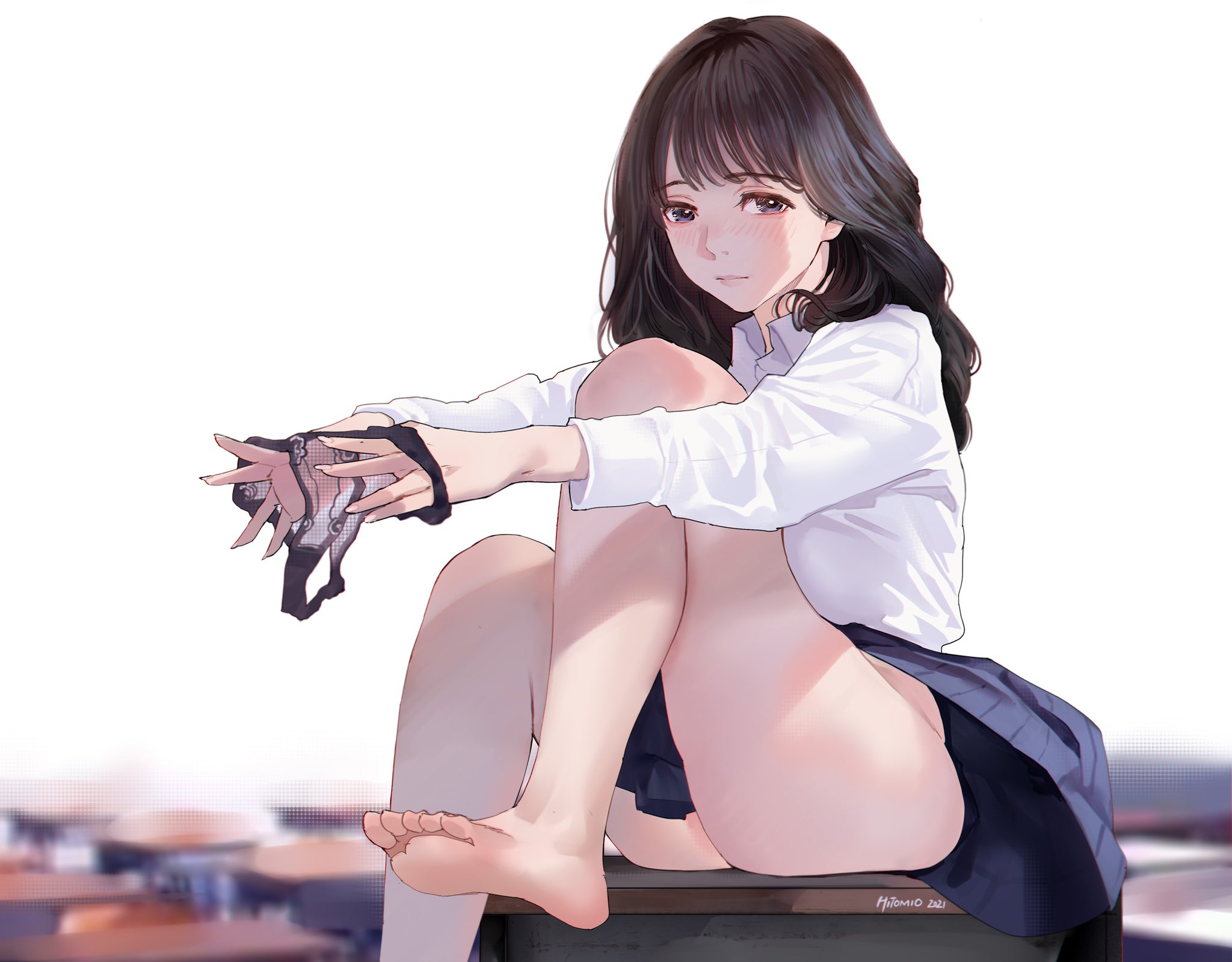 ass, barefoot, black hair, black panties, blue eyes, blue skirt, blush, collared shirt, desk, feet, female, highres, hitomi o, holding, holding clothes, holding panties, holding underwear, leg up, long hair, long sleeves, original, panties, panties removed, school desk, school uniform, shirt, simple background, sitting, skirt, solo, underwear, white background, white shirt