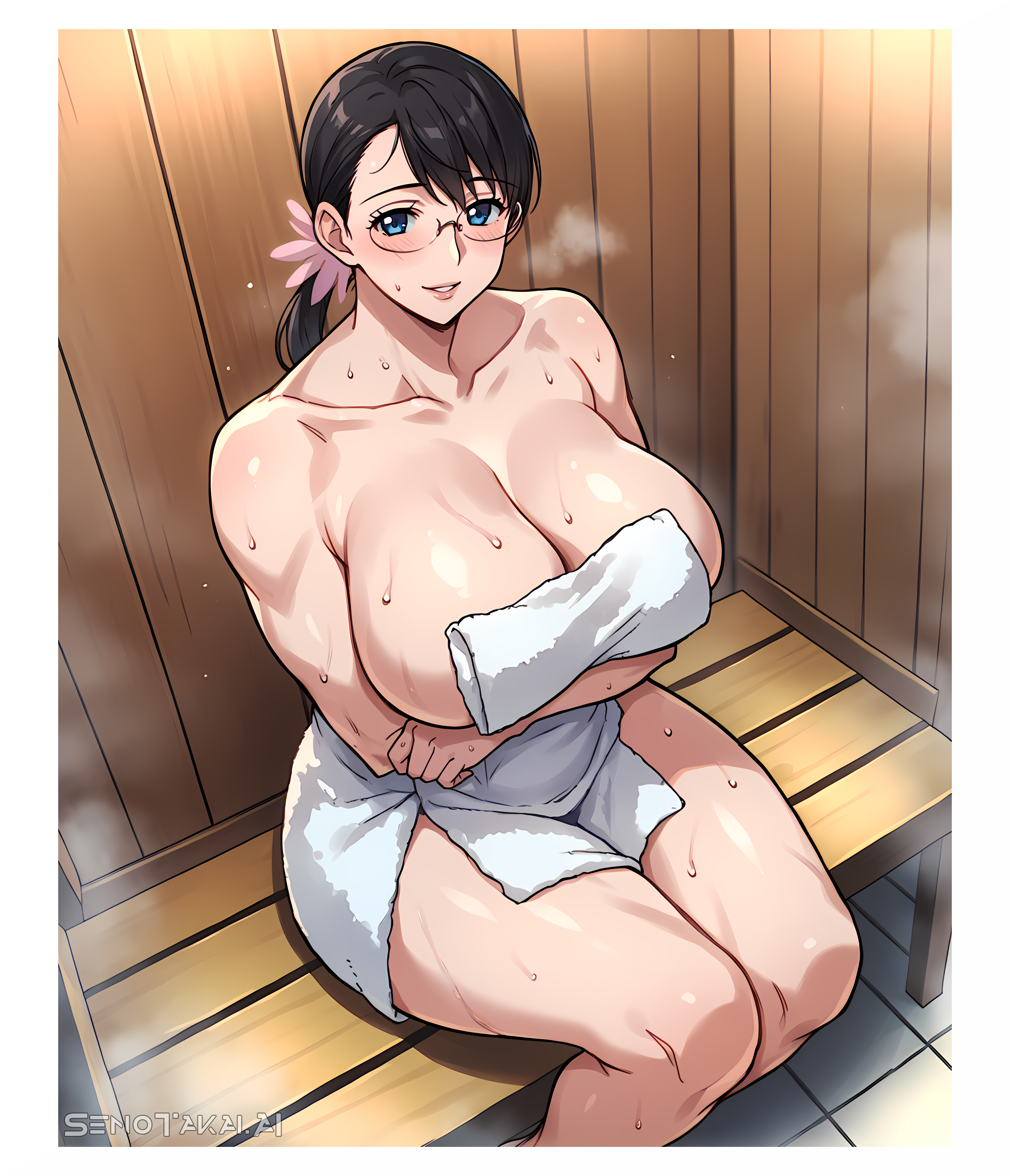 1girls, ai generated, arm under breasts, ass support, bare legs, bare shoulders, bare thighs, bench, big breasts, black hair, blue eyes, blush, breasts, breasts bigger than head, busty, cattleya, child bearing hips, completely nude, crossed arms, dutch angle, female, female focus, female only, glasses, hair flower, hair ornament, high resolution, holding object, holding towel, huge breasts, legs together, lipstick, long hair, looking at viewer, mature, mature female, milf, naked towel, nude, nude female, oppai, pinup, plump, ponytail, queen's blade, sagging breasts, sauna, senotakai ai, sitting, smile, thick, thick body, thick thighs, thighs, top heavy, top heavy breasts, towel, towel only, voluptuous, voluptuous female, watermark, wet, wet skin, white border, wide hips, wooden wall