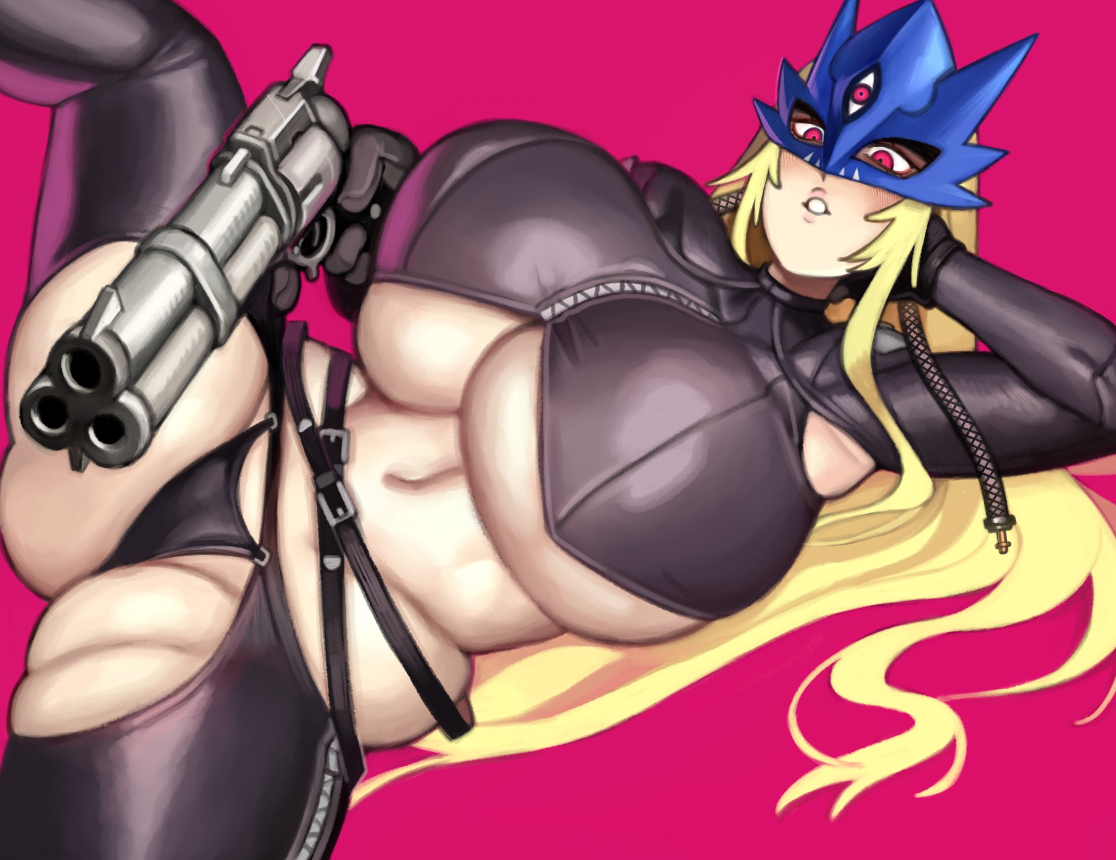 2d, 2d (artwork), 2d artwork, 3 eyes, beelstarmon, black clothing, blonde, blonde female, blonde hair, blonde-haired female, breasts, clothed, clothed female, clothing, digimon, female, gun, hair, huge breasts, kelvin hiu, lips, long hair, lying, lying down, lying on side, pistol, red eyes, weapon
