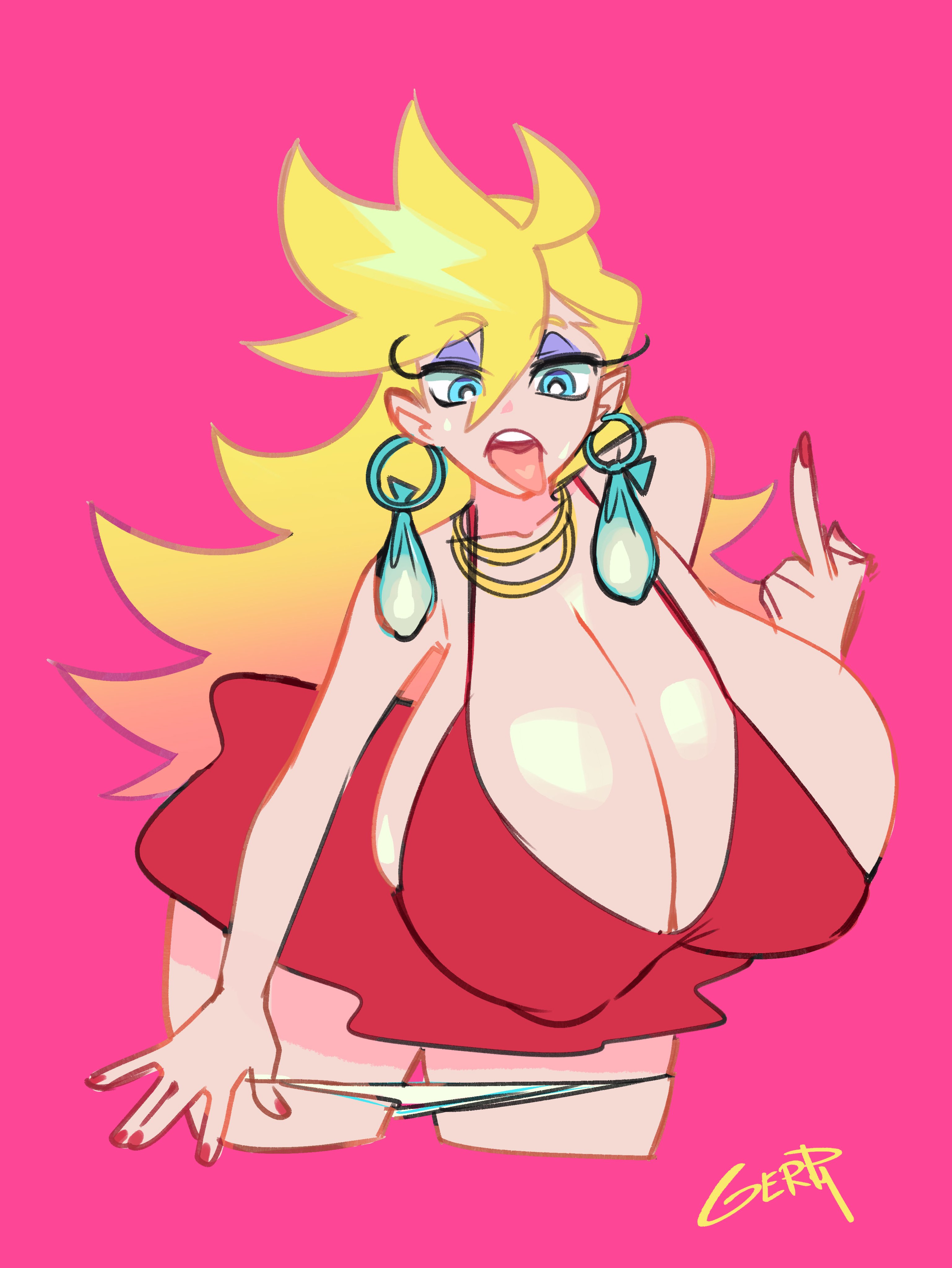 1girls, 2025, absurd res, alternate body type, alternate breast size, artist name, big breasts, blonde hair, blue eyes, breasts, busty, cleavage, clothed, clothed female, clothing, condom, condom accessories, condom earring, cowboy shot, curvaceous, curvy, dress, earrings, eyelashes, eyeshadow, female, filled condom, front view, fully clothed, gerph, gesture, gigantic breasts, hair, hanging breasts, hi res, hoop earrings, huge breasts, human, large breasts, leaning forward, light skin, light-skinned female, long hair, middle finger, nail polish, necklace, nipple bulge, open mouth, panties, panties down, panty & stocking with garterbelt, panty anarchy, panty pull, pink background, pose, posing, purple eyeshadow, red clothing, red dress, red nails, signature, simple background, skindentation, solo, standing, teeth, thick thighs, thighs, tongue, tongue out, used condom, wide hips