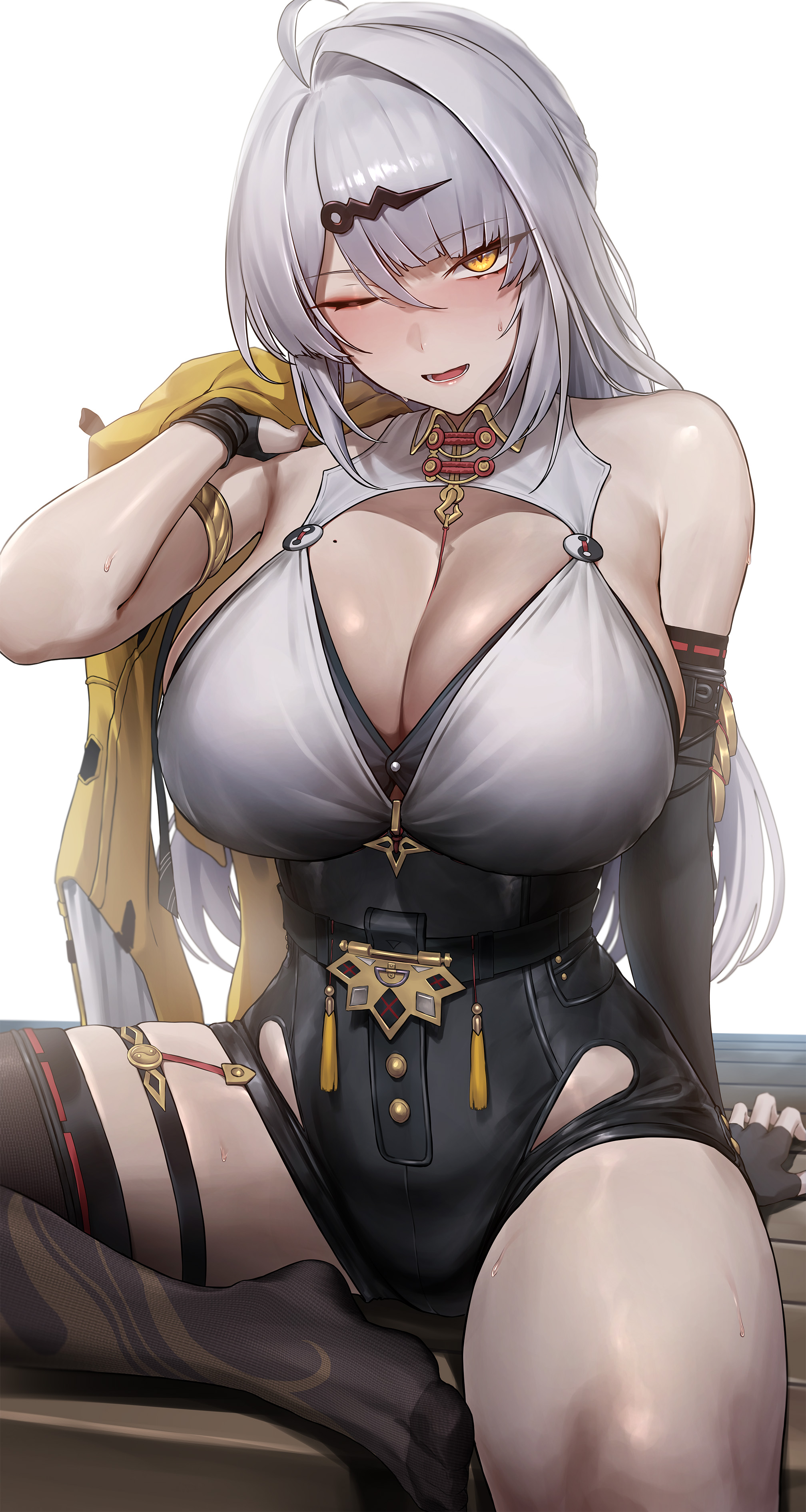 1girls, absurdres, asymmetrical gloves, bare shoulders, black gloves, black shorts, black thighhighs, blush, breasts, cleavage, collar, duplicate, elbow gloves, female, gloves, grey hair, high-waist shorts, highres, holding, holding jacket, holding unworn clothes, huge breasts, jacket, looking at viewer, mole, mole on breast, monegi, no shoes, one eye closed, pixel-perfect duplicate, shirt, shorts, simple background, single elbow glove, single hair intake, single thighhigh, solo, sweat, thighhighs, thighs, uneven gloves, unworn jacket, white background, white collar, white shirt, yellow eyes, yellow jacket, yixuan (zenless zone zero), zenless zone zero